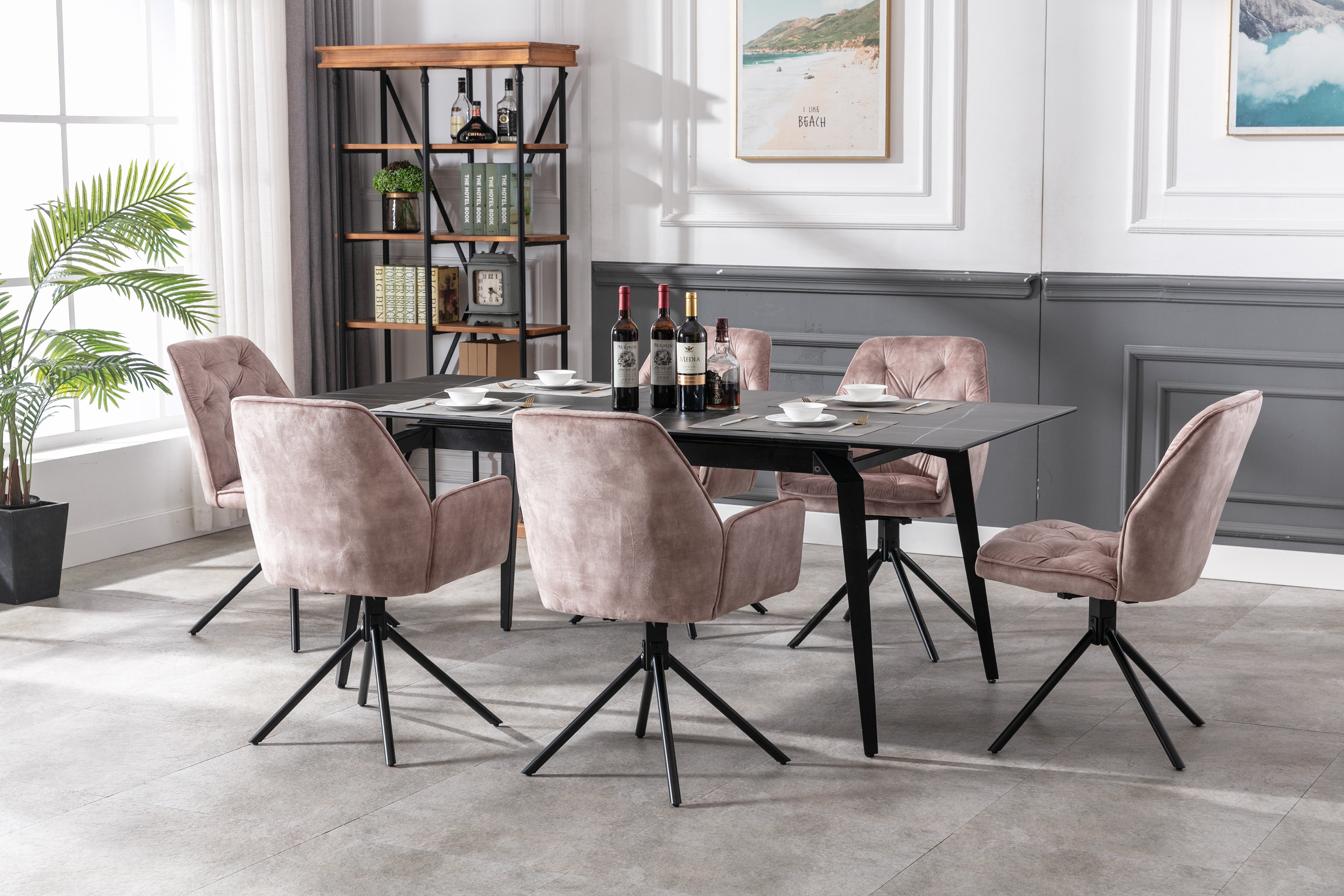 Esszimmerstuhl 2er Set SARINA/ Vintage-Samt anthrazit oder beige / Gestell Metall schwarz / Sitzschale 360° drehbar / Küchenstuhl / Armlehnstuhl / B 59,5, H 89, T 62 cm