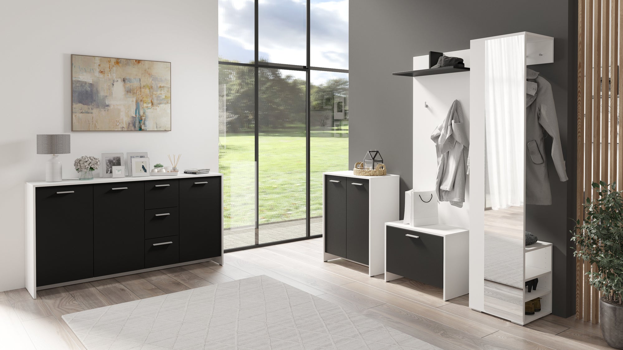 Flurgarderobe BEN / Garderobe Artisan Eiche (Eiche-Optik), Old Wood (Altholz-Optik), weiß oder anthrazit / mit Spiegel / Spiegelschrank für den Flur mit Kleiderstange und Ablage / B 40, H 184, T 35 cm