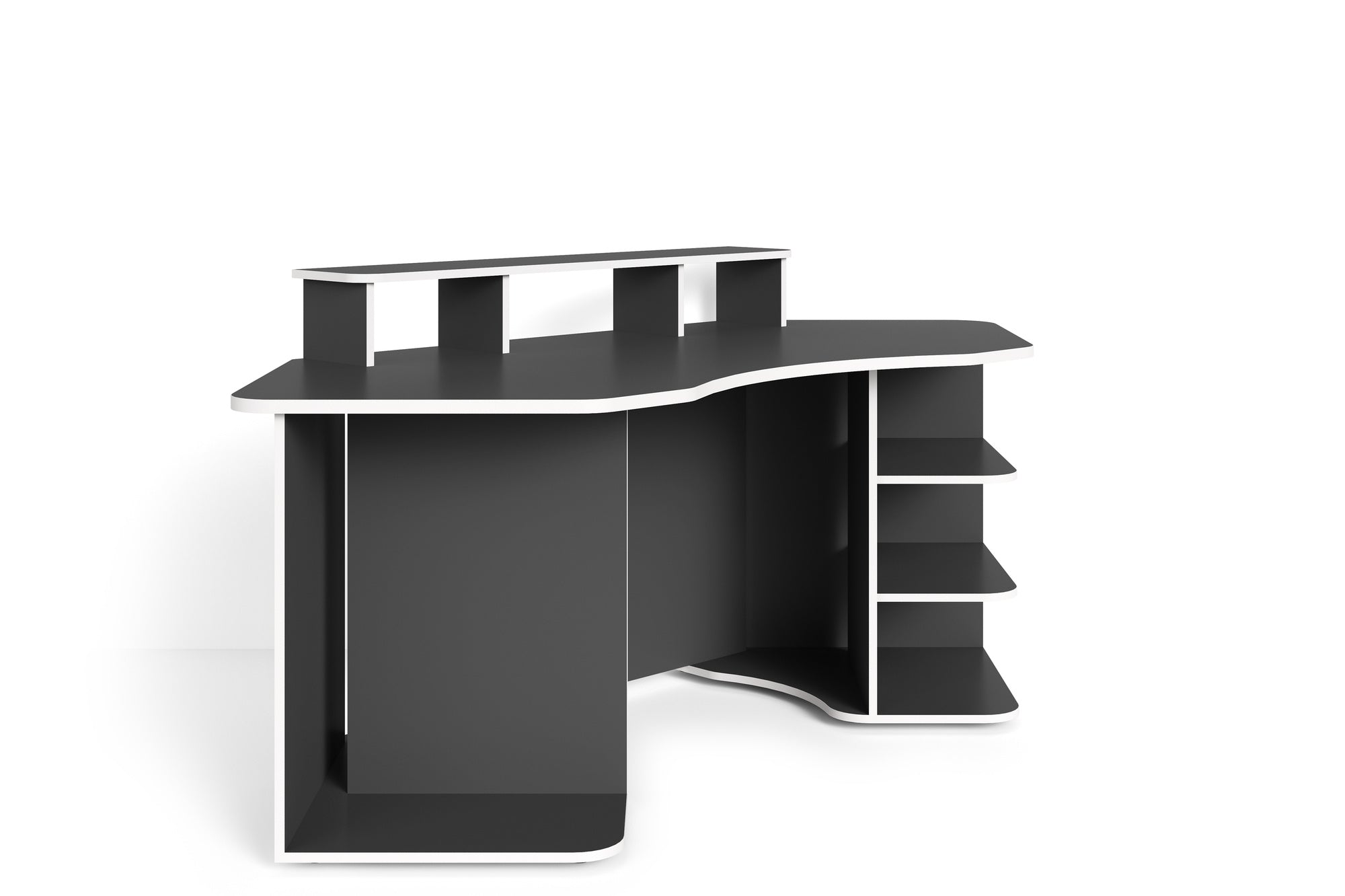 Schreibtisch THANATOS / Gaming-Tisch in Schwarz mit Kanten in rot, weiß oder schwarz / Eck-Schreibtisch mit viel Stauraum und XXL Tischplatte / Computer-Tisch / mit Ausatz / 198x76x85cm (BxHxT)