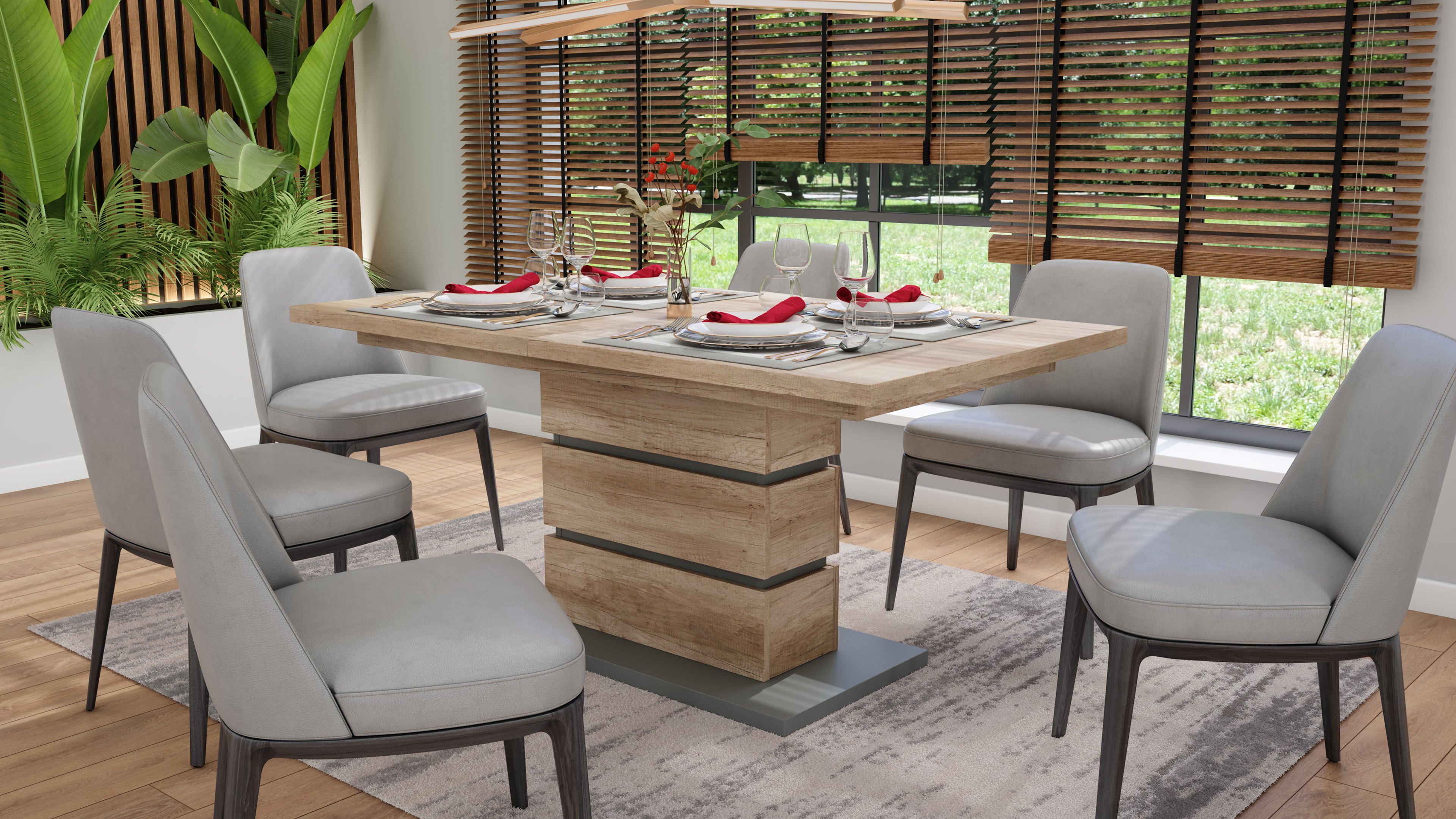 Auszugs-Tisch BEA / Esstisch ausziehbar in Eiche-Optik hell-braun / Esszimmer-Tisch mit Applikationen und Bodenplatte anthrazit / Küchen-Tisch mit Standfuß / 140-190 x 86, H 75 cm