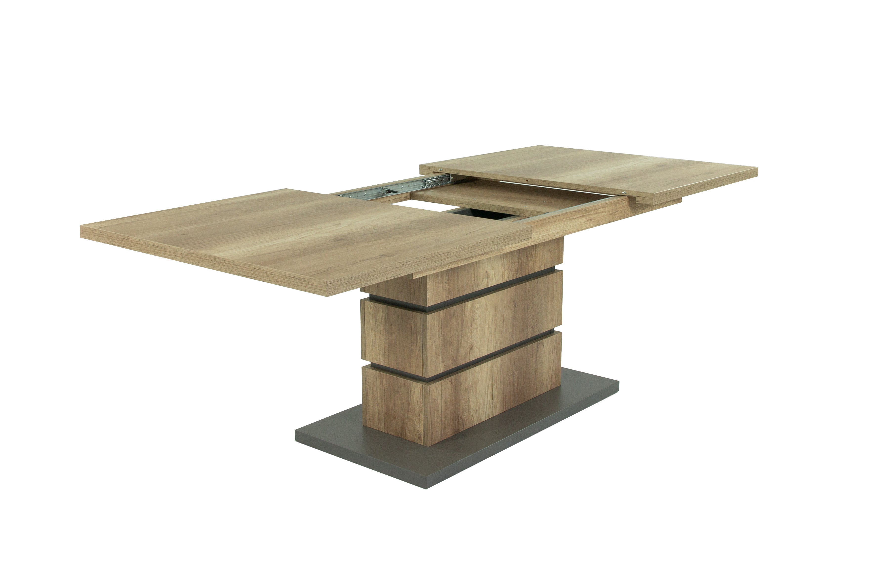 Auszugs-Tisch BEA / Esstisch ausziehbar in Eiche-Optik hell-braun / Esszimmer-Tisch mit Applikationen und Bodenplatte anthrazit / Küchen-Tisch mit Standfuß / 140-190 x 86, H 75 cm