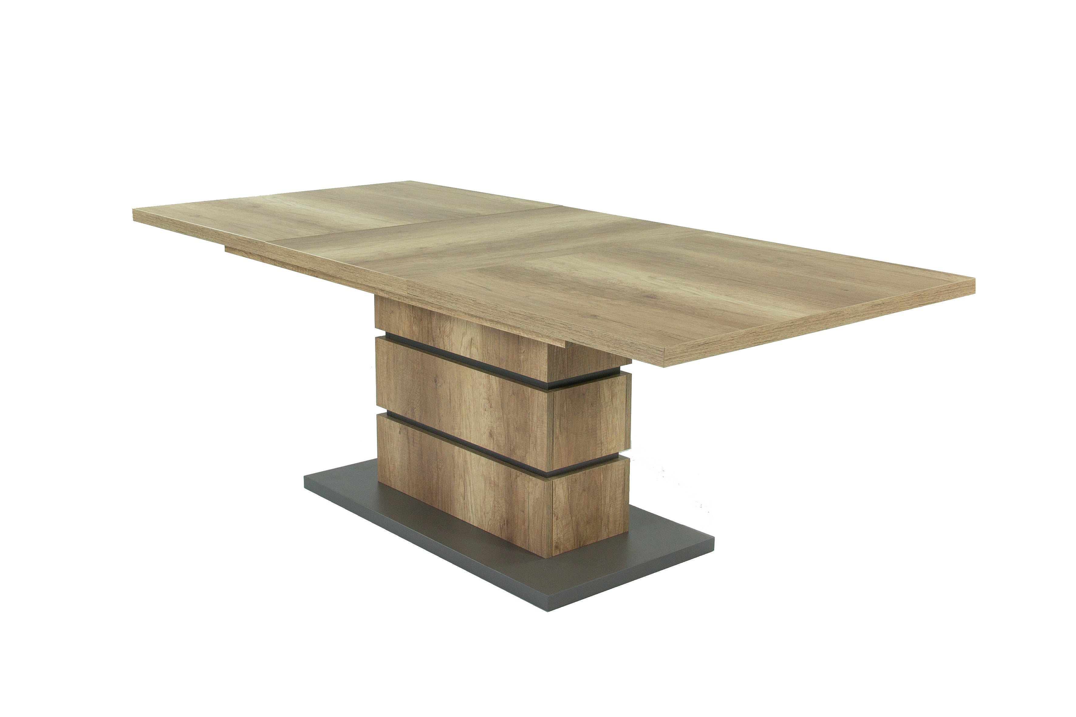 Auszugs-Tisch BEA / Esstisch ausziehbar in Eiche-Optik hell-braun / Esszimmer-Tisch mit Applikationen und Bodenplatte anthrazit / Küchen-Tisch mit Standfuß / 140-190 x 86, H 75 cm