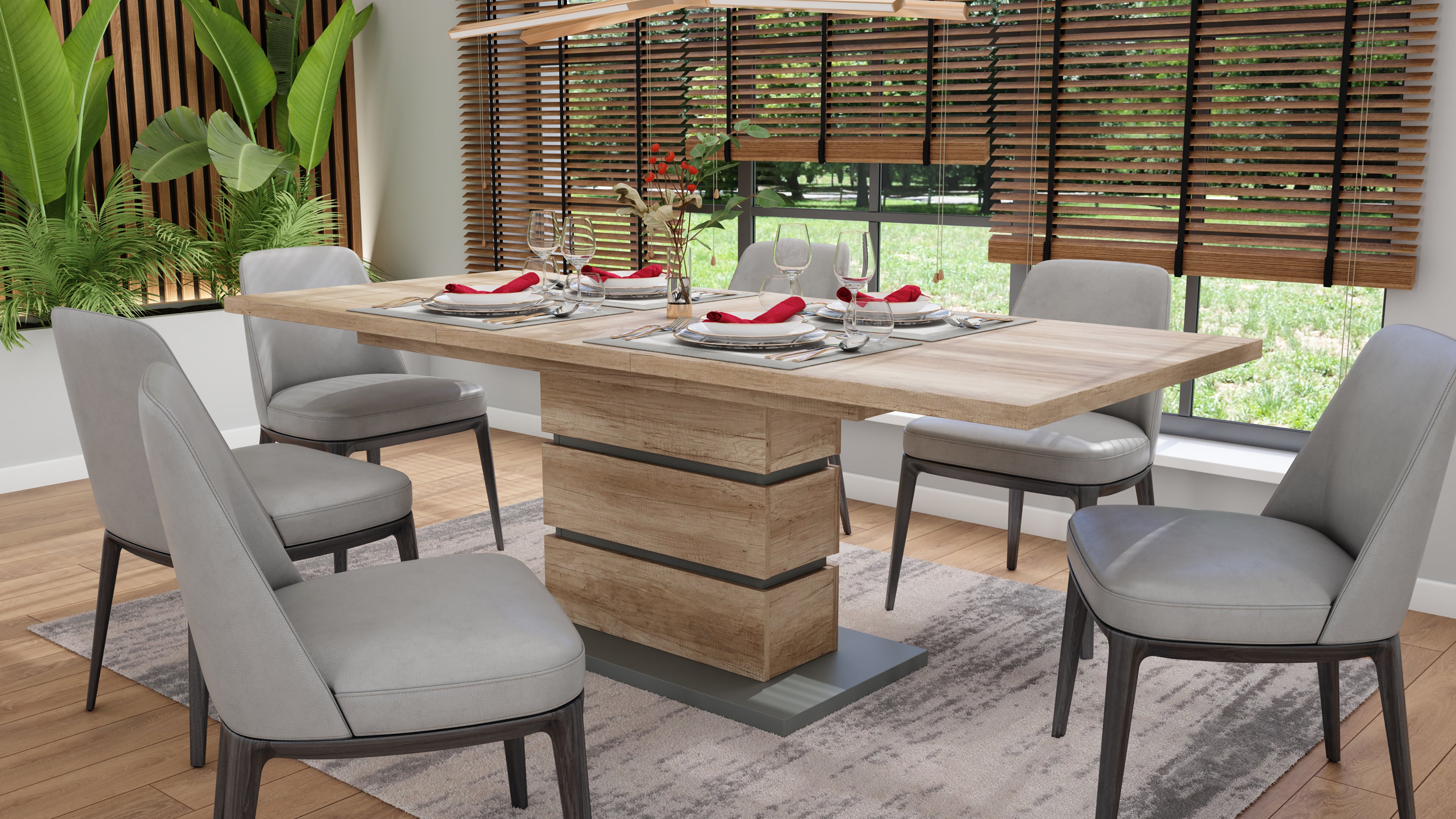 Auszugs-Tisch BEA / Esstisch ausziehbar in Eiche-Optik hell-braun / Esszimmer-Tisch mit Applikationen und Bodenplatte anthrazit / Küchen-Tisch mit Standfuß / 140-190 x 86, H 75 cm