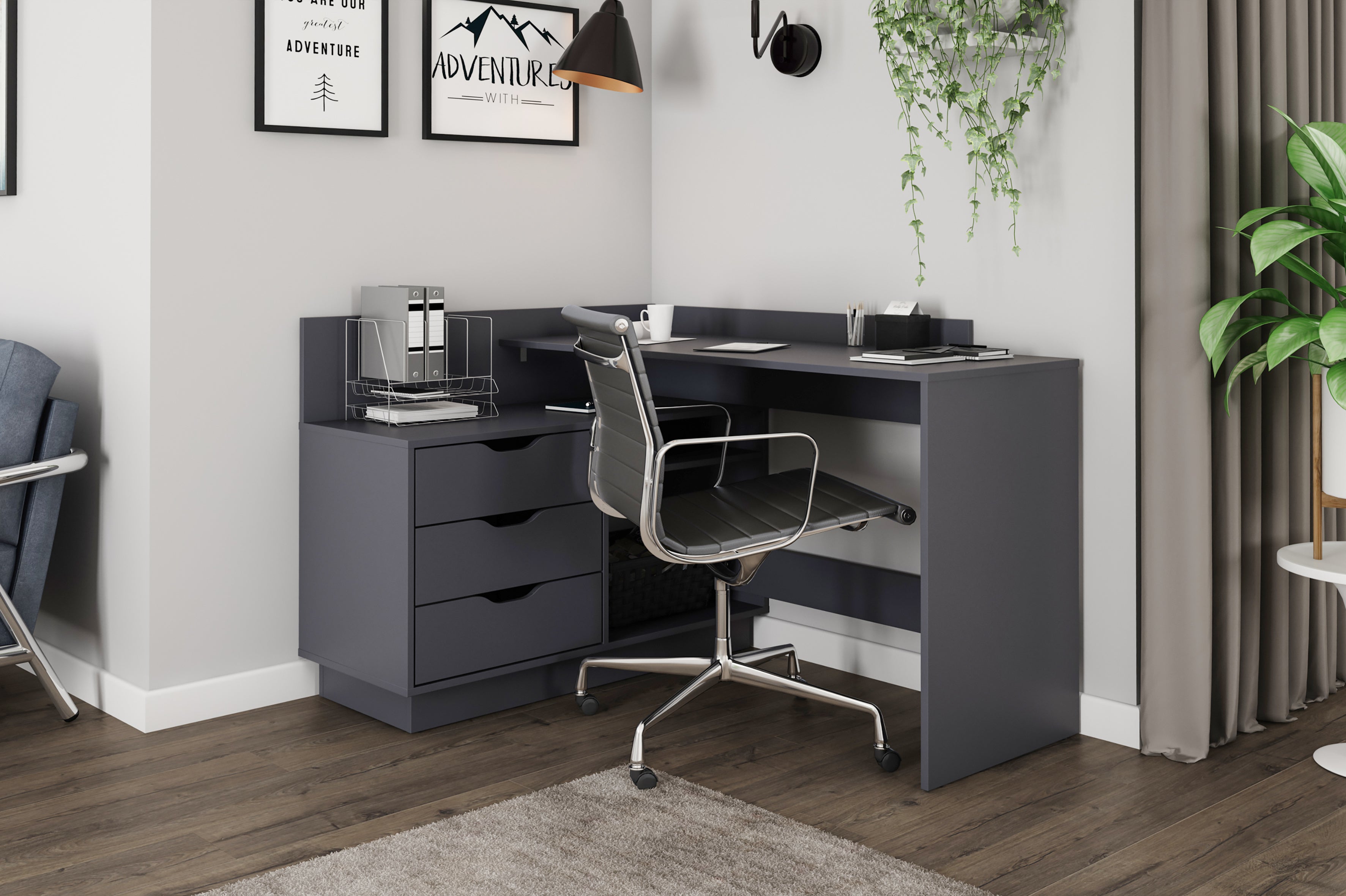 Winkelschreibtisch BELFAST / Rechts oder Links montierbar / 3 Schubkästen / Anthrazit, Weiß-Anthrazit, Artisan Eiche (Eiche-Optik) oder Old Wood (Altholz-Optik) /Bürotisch / Eckschreibtisch / Schreibtisch / B 129, H 83,5, T 105 cm