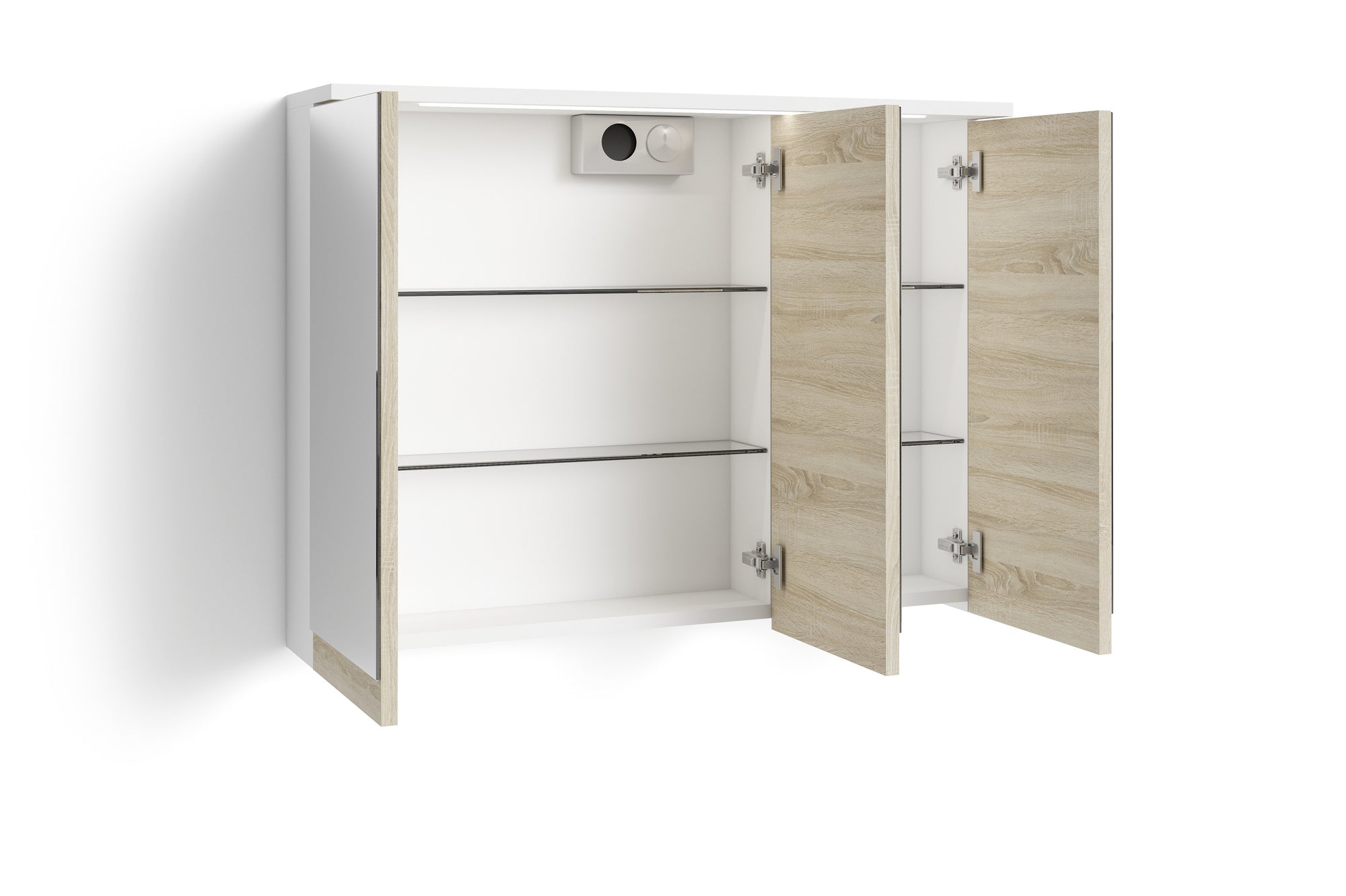 Badezimmer Spiegelschrank Marino mit LED-Beleuchtung und Steckdose / Moderner, 3-türiger Spiegel Hängeschrank in schnee-weiß matt und Absetzung Sonoma Eiche / Wandschrank mit Spiegeltüren / B 80, H 60, T 20 cm