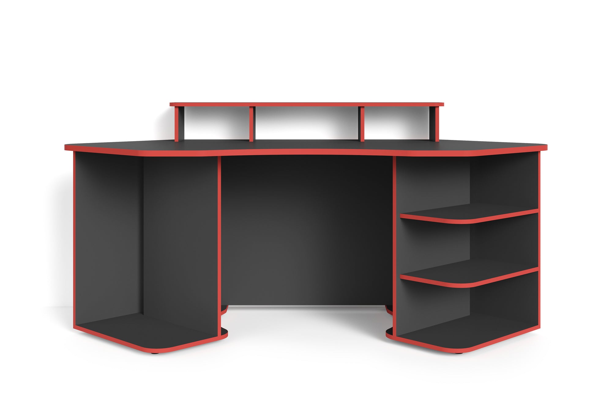 Schreibtisch THANATOS / Gaming-Tisch in Schwarz mit Kanten in rot, weiß oder schwarz / Eck-Schreibtisch mit viel Stauraum und XXL Tischplatte / Computer-Tisch / mit Ausatz / 198x76x85cm (BxHxT)