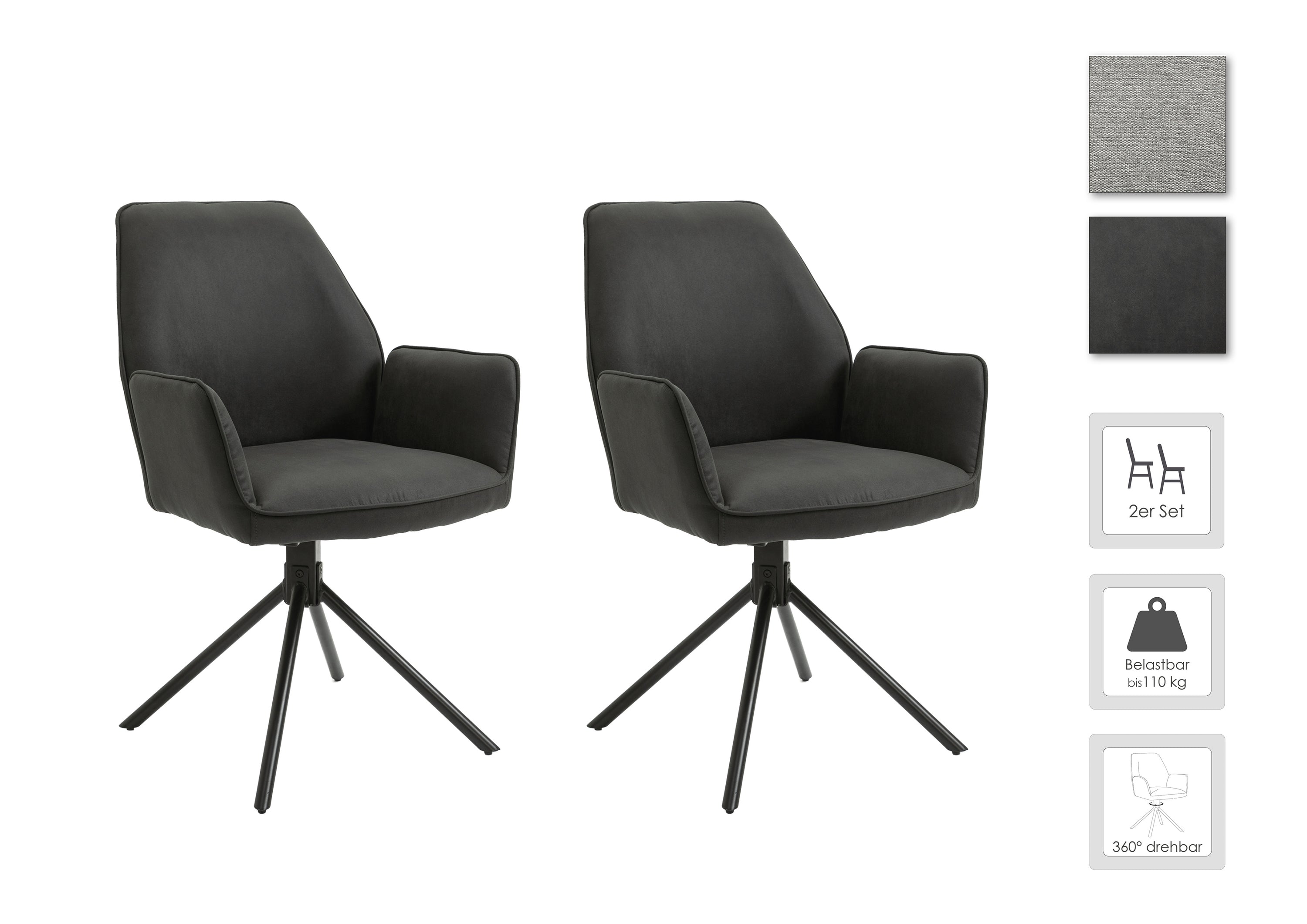 Esszimmerstuhl 2er Set Blair / Microfaser in schwarz, Samt in anthrazit oder Webstoff in hellgrau / Gestell Metall schwarz / Sitzschale 360° drehbar / Esszimmerstuhl / Wohnzimmerstuhl / B 57, H 89, T 61 cm