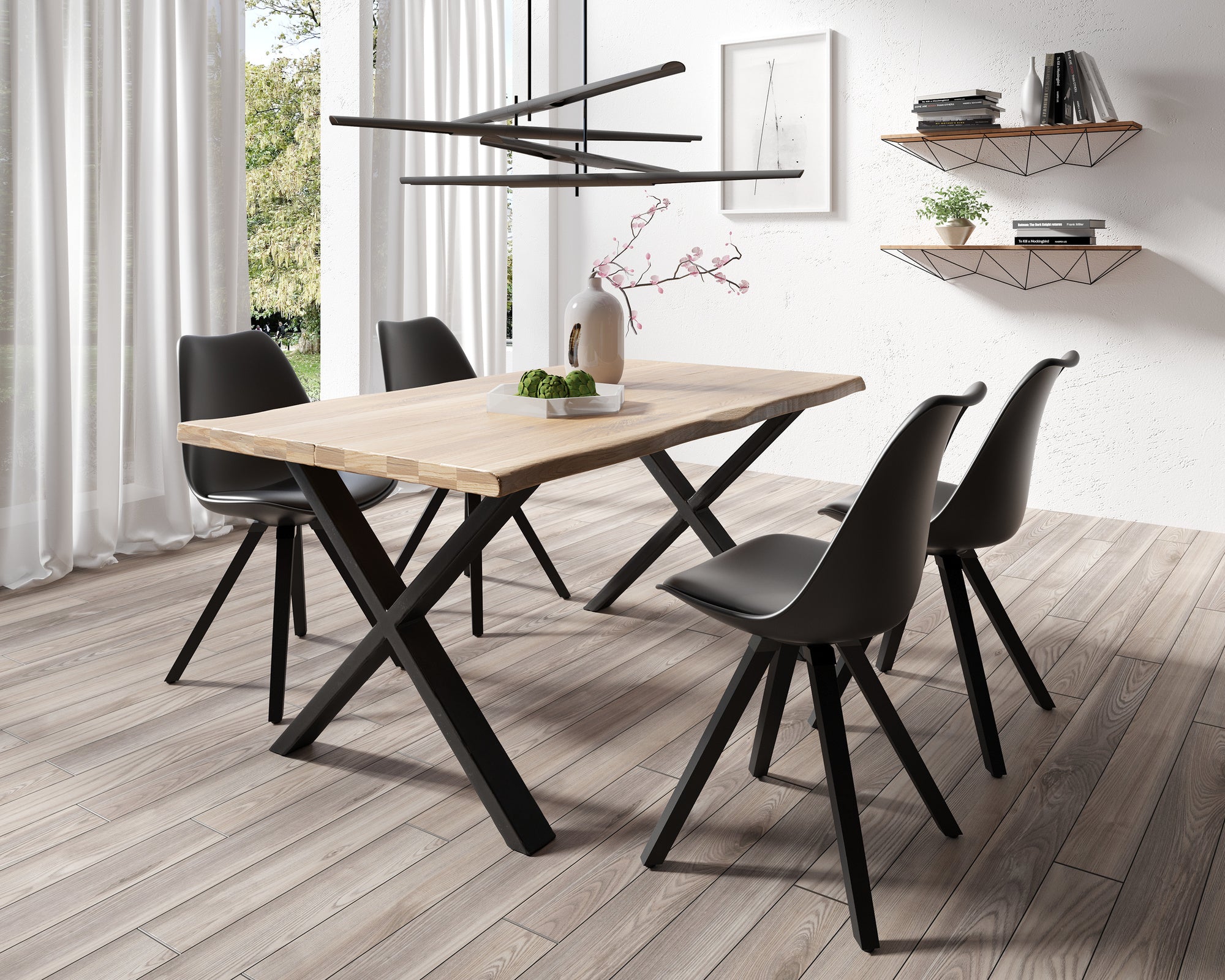 Esszimmerstuhl 2er Set Kira / Kunstoff, Kunstleder in schwarz oder weiß / Gestell Metall in Eiche-Optik foliert oder schwarz / Esszimmerstuhl / Wohnzimmerstuhl / bis 110 kg / B 48, H 86, T 55,5 cm