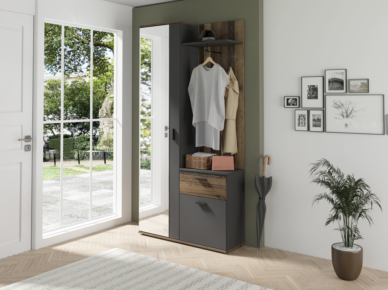 Kompakt-Garderobe JAKOB / in Old Wood (Altholz-Optik), Artisan Eiche (Eiche-Optik) oder weiß / Garderobe mit großer Spiegeltür / Fest montiertes Set / Kommode / Schuh-Schrank / B 97, H 195, T 30 cm