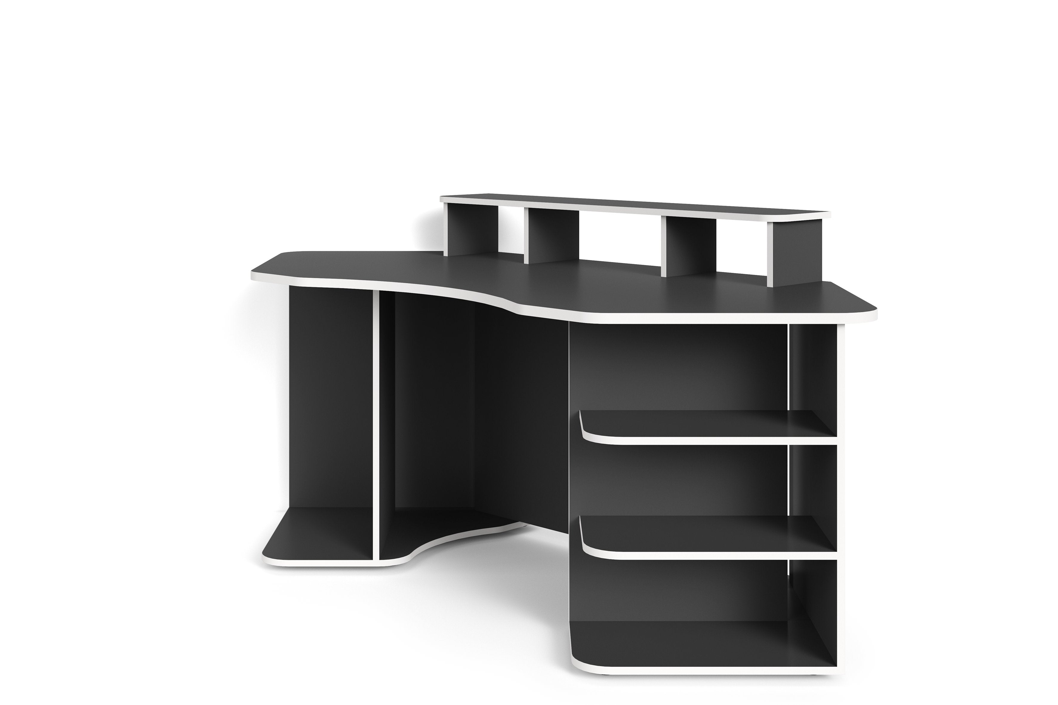 Schreibtisch THANATOS / Gaming-Tisch in Schwarz mit Kanten in rot, weiß oder schwarz / Eck-Schreibtisch mit viel Stauraum und XXL Tischplatte / Computer-Tisch / mit Ausatz / 198x76x85cm (BxHxT)