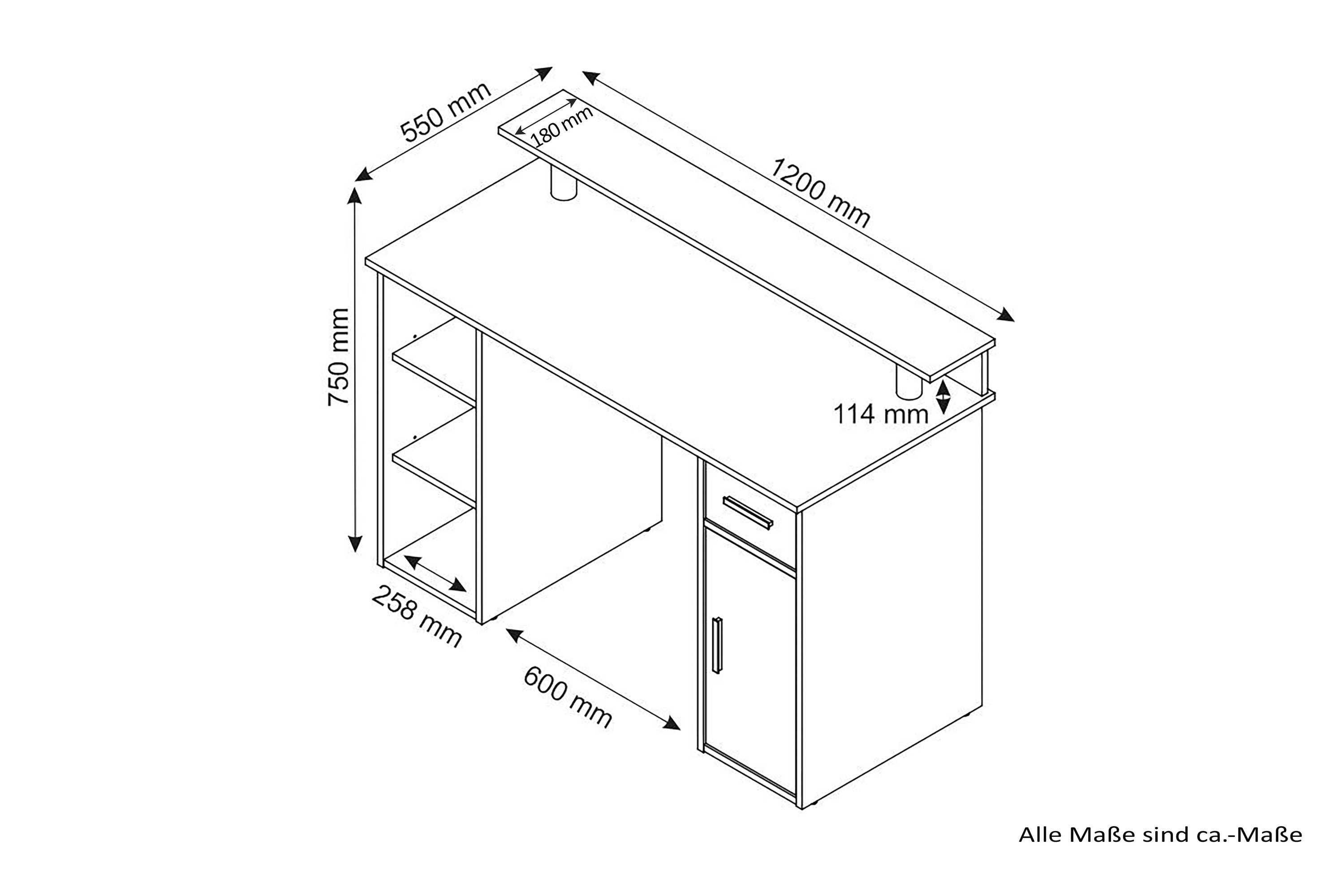 Schreibtisch DIEGO / Arbeits-Tisch mit viel Stauraum in Sonoma Eiche (Eiche-Optik), weiß, Old Wood (Altholz-Optik) / Computer-Tisch / 1 Schublade, 1 Tür, 3 offene Fächer / 120x88x55cm (BxHxT)