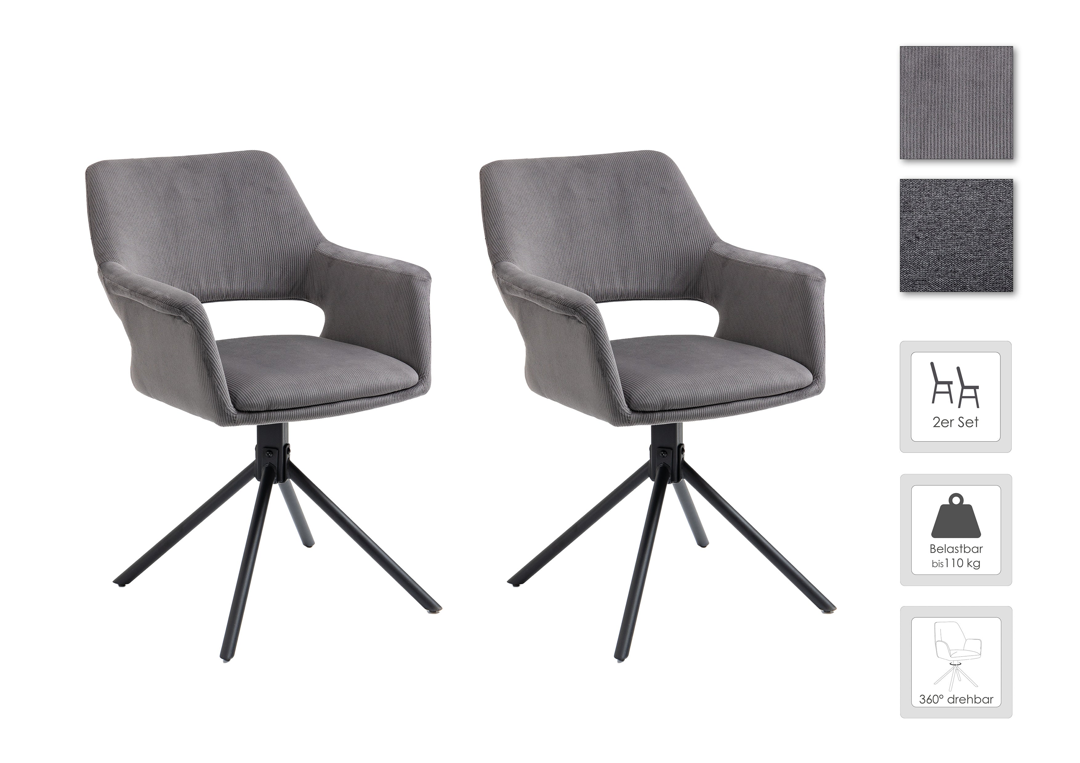 Esszimmerstuhl 2er Set Eleonore / Webstoff grau, Cord hellgrau, Bouclé dunkelgrau oder Samt anthrazit / Gestell Metall schwarz / Sitzschale 360° drehbar / Esszimmerstuhl / Wohnzimmerstuhl / B 57, H 84, T 61, cm