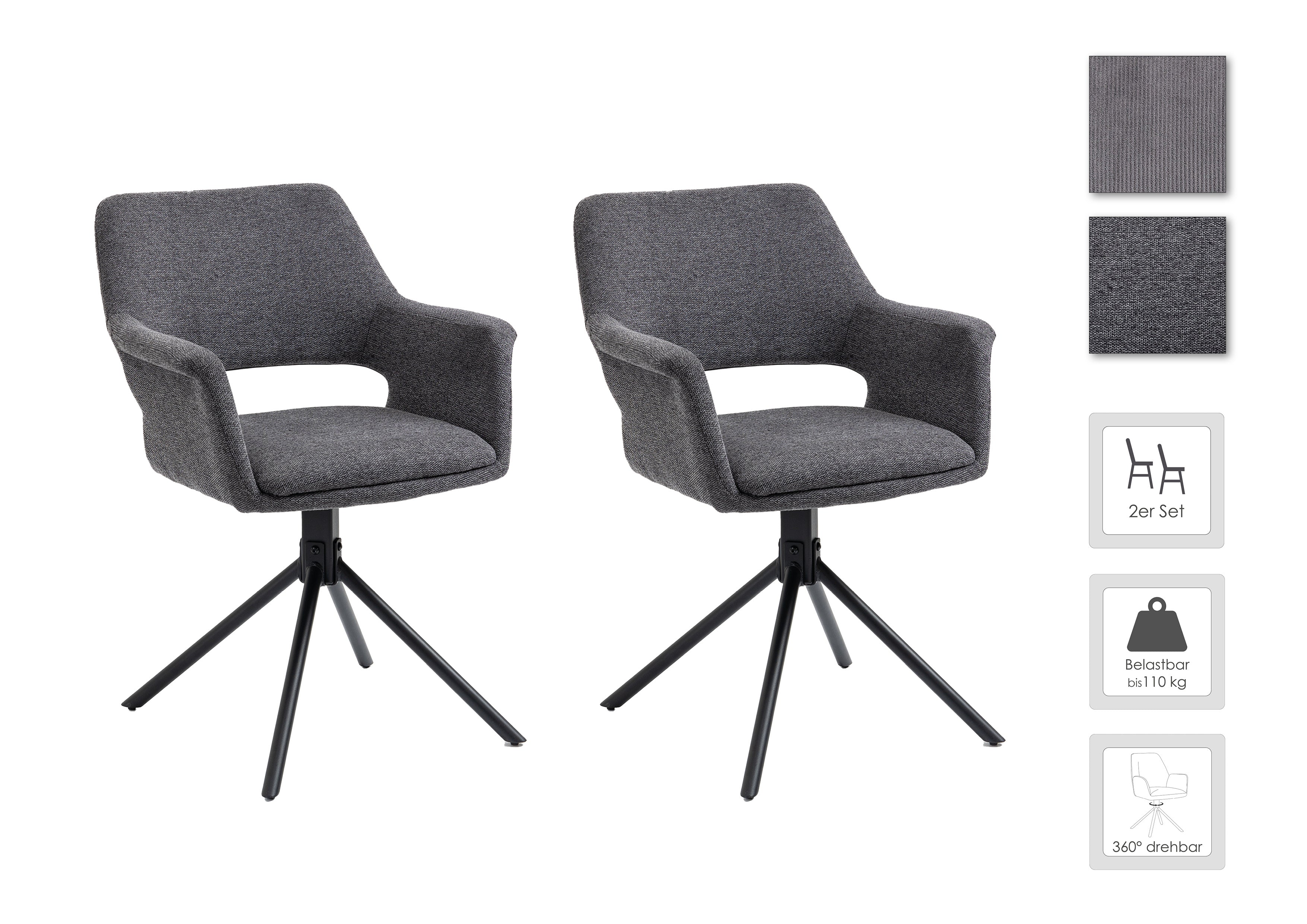 Esszimmerstuhl 2er Set Eleonore / Webstoff grau, Cord hellgrau, Bouclé dunkelgrau oder Samt anthrazit / Gestell Metall schwarz / Sitzschale 360° drehbar / Esszimmerstuhl / Wohnzimmerstuhl / B 57, H 84, T 61, cm