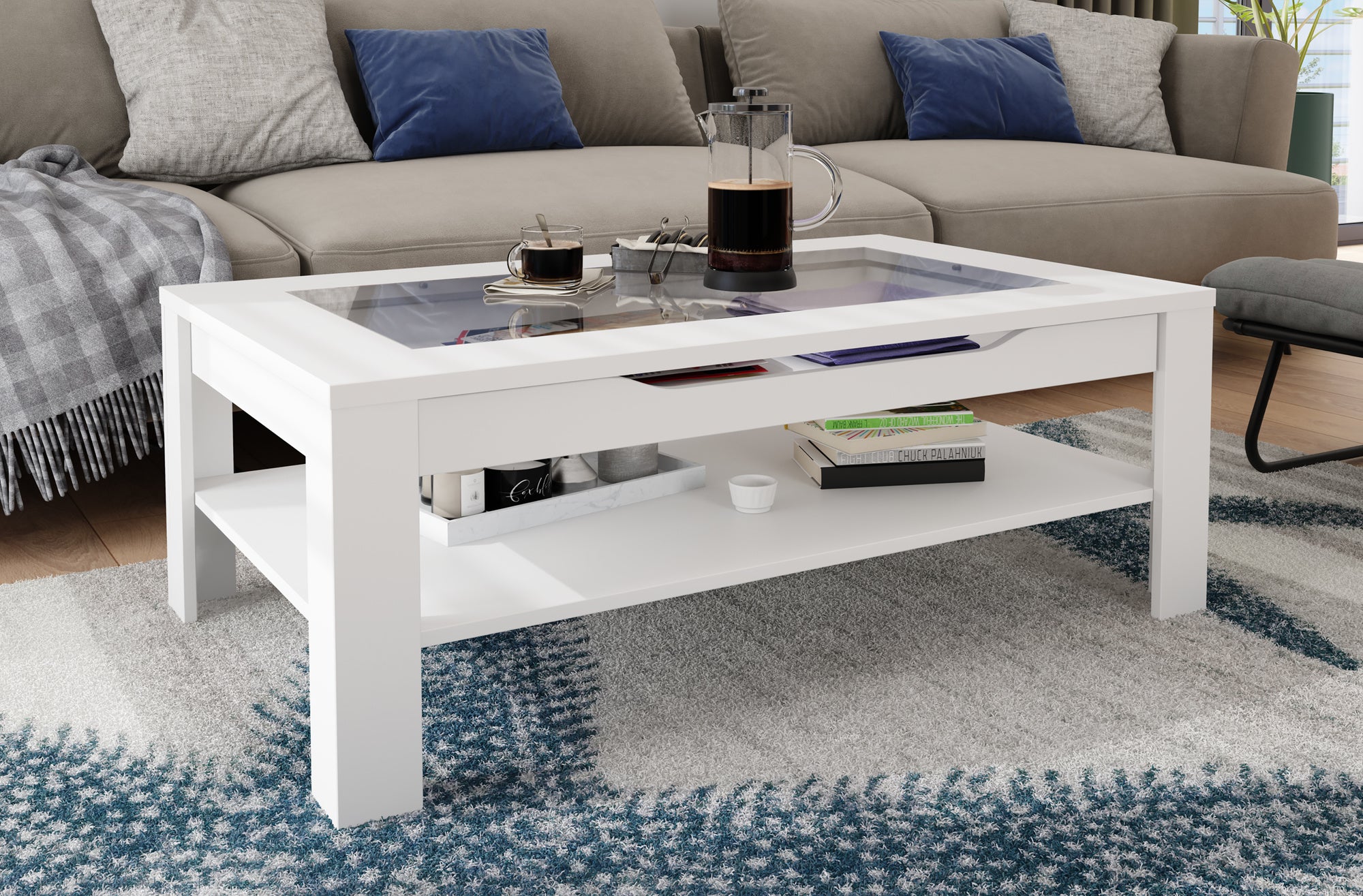 Couchtisch RALPH / moderner Sofatisch mit Glaseinlage und großzügiger Schublade in weiß, Artisan Eiche (Eiche-Optik) oder Old Wood (Altholz-Optik) / Beistelltisch mit viel Stauraum / B 110, H 43, T 67 cm