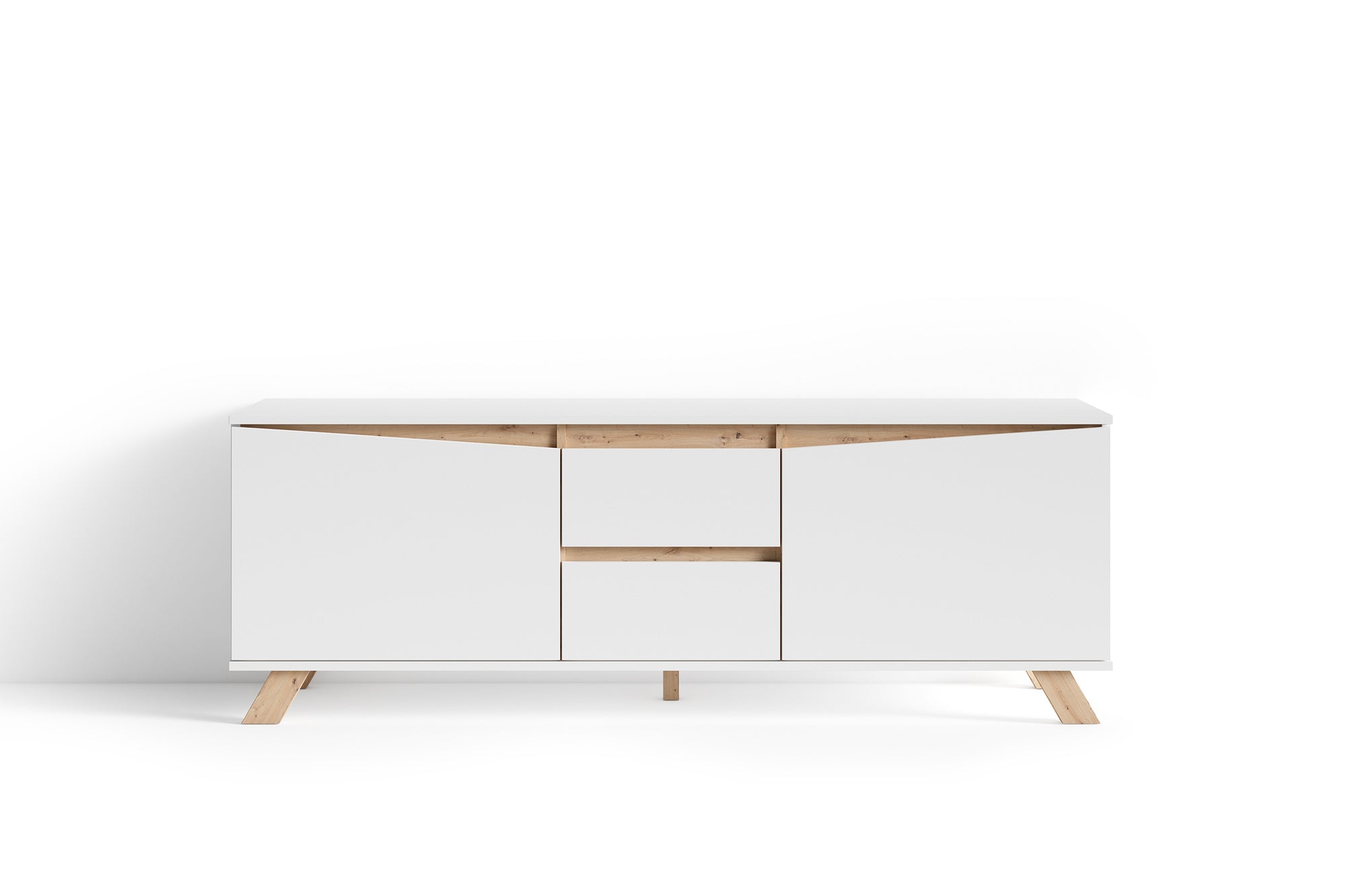 TV-Board VALENTIN / Lowboard matt weiß oder anthrazit mit Absetzung in Eiche-Optik / Fernsehtisch mit 2 Türen und 2 Schubkästen / Fernsehschrank im Scandi-Style / Grifflos / B 160, H 60, T 38 cm