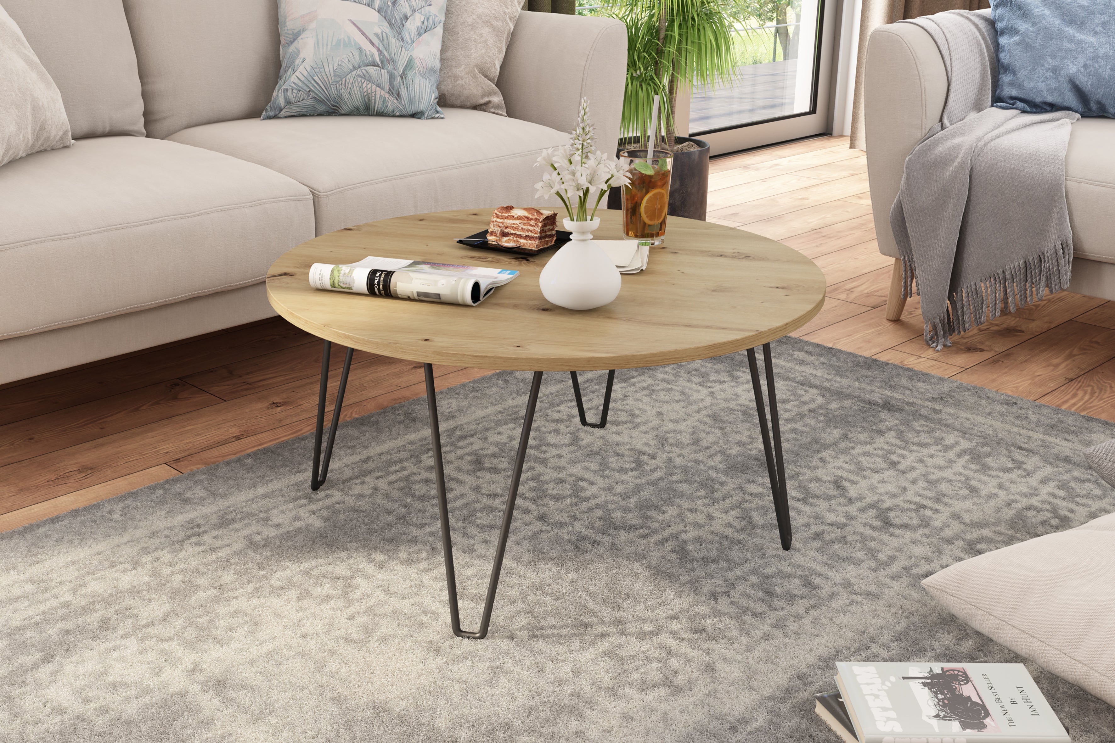 Couchtisch FLAIR / Melamin Artisan Eiche (Eiche-Optik) oder Old Wood (Altholz-Optik), Metall schwarz / D 80, H 40 cm