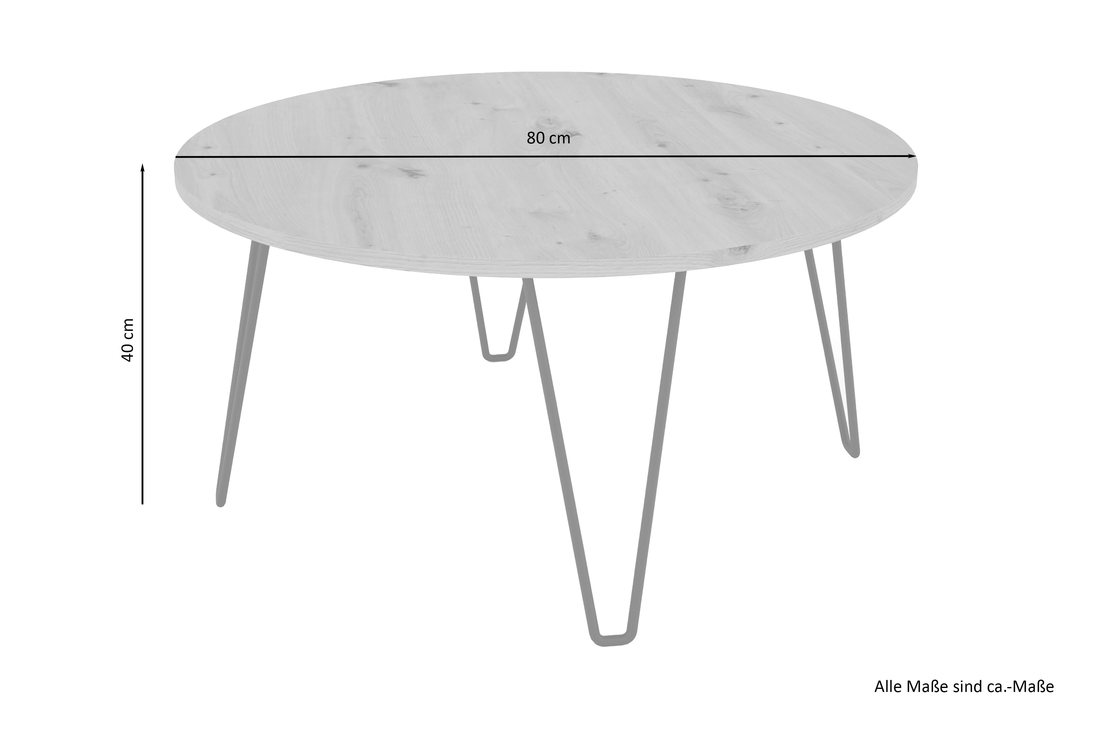 Couchtisch FLAIR / Melamin Artisan Eiche (Eiche-Optik) oder Old Wood (Altholz-Optik), Metall schwarz / D 80, H 40 cm