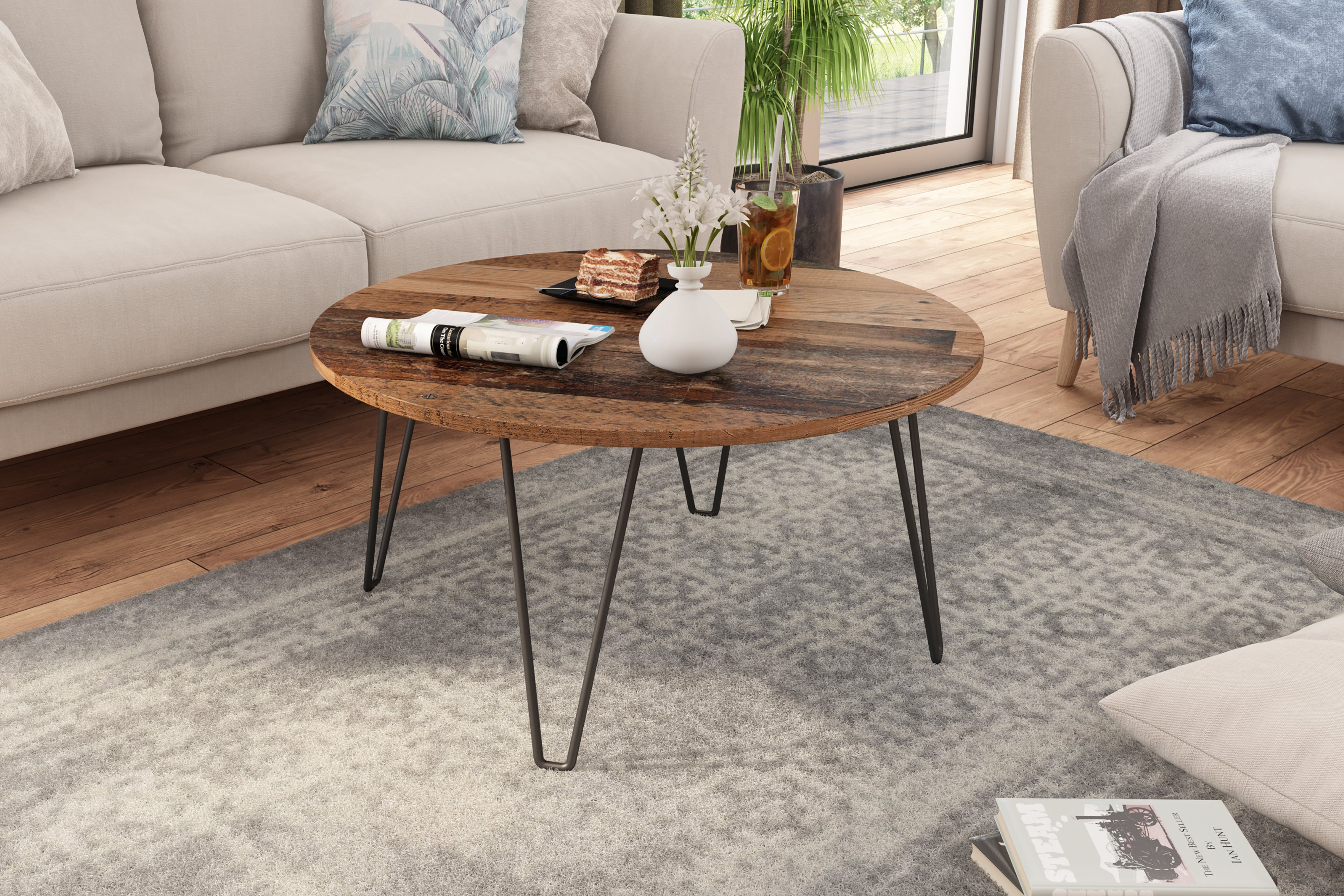 Couchtisch FLAIR / Melamin Artisan Eiche (Eiche-Optik) oder Old Wood (Altholz-Optik), Metall schwarz / D 80, H 40 cm