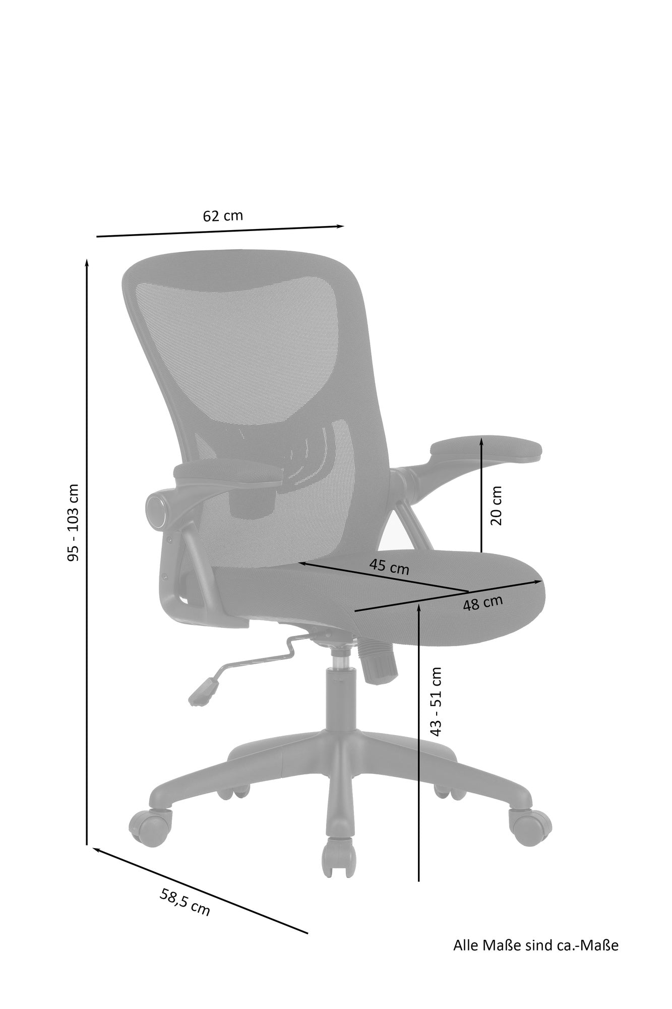 Bürostuhl FLEX / optional mit Kopfstütze / Kunststoff schwarz, Netzstoff schwarz / Wippmechanik / Armlehne klappbar / Lordoseneinstellung / B 62, H 95-103, T 58,5 cm oder B 62, H 111-119, T 66 cm