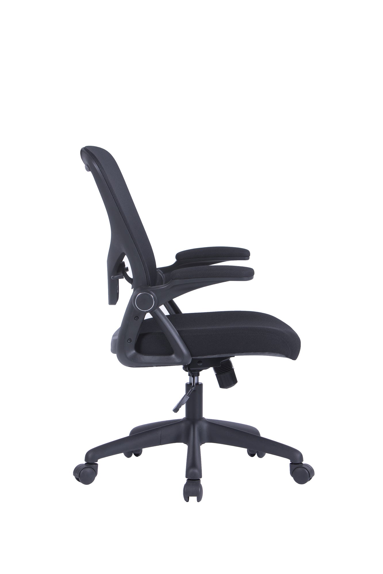 Bürostuhl FLEX / optional mit Kopfstütze / Kunststoff schwarz, Netzstoff schwarz / Wippmechanik / Armlehne klappbar / Lordoseneinstellung / B 62, H 95-103, T 58,5 cm oder B 62, H 111-119, T 66 cm