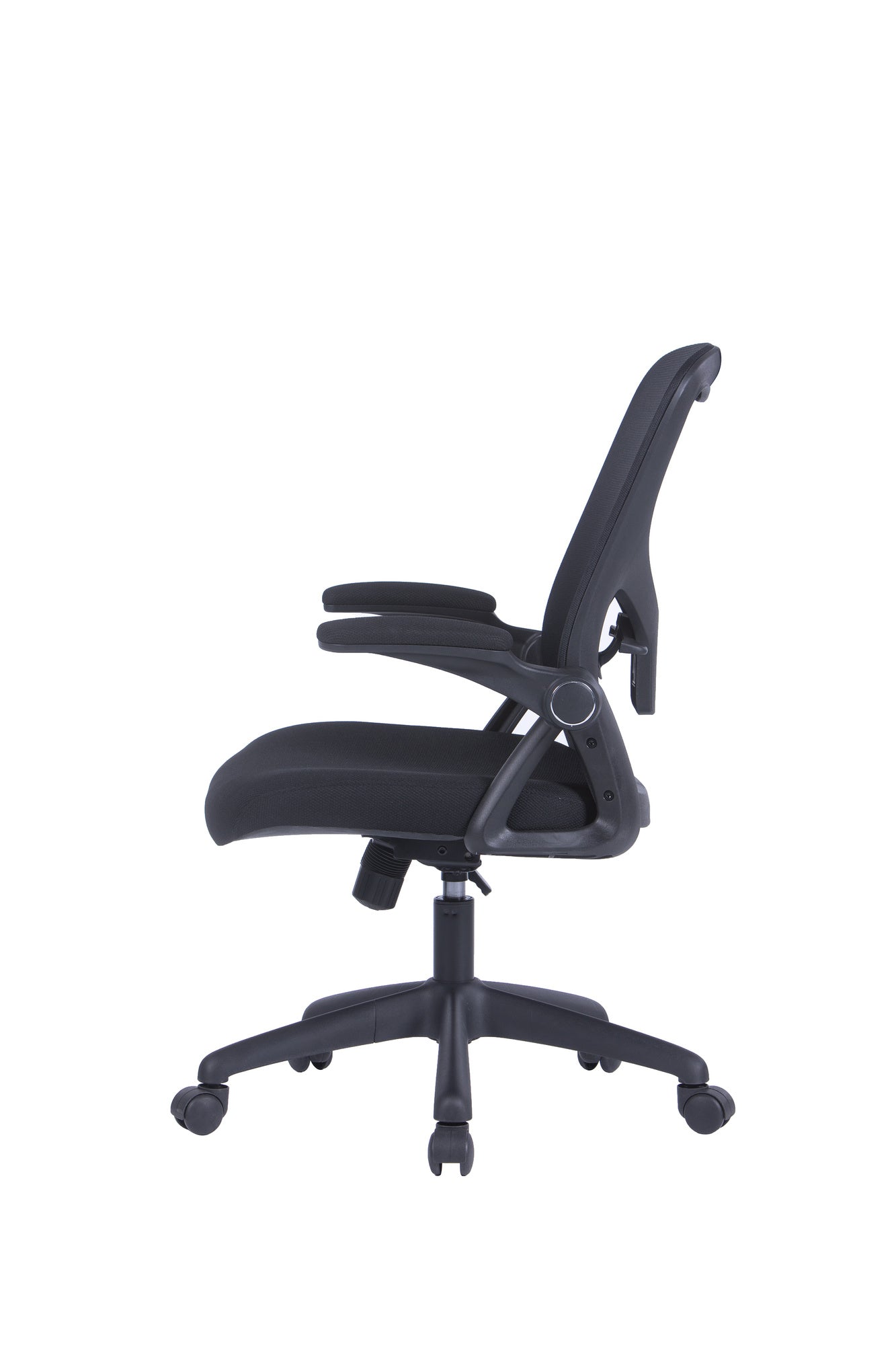 Bürostuhl FLEX / optional mit Kopfstütze / Kunststoff schwarz, Netzstoff schwarz / Wippmechanik / Armlehne klappbar / Lordoseneinstellung / B 62, H 95-103, T 58,5 cm oder B 62, H 111-119, T 66 cm