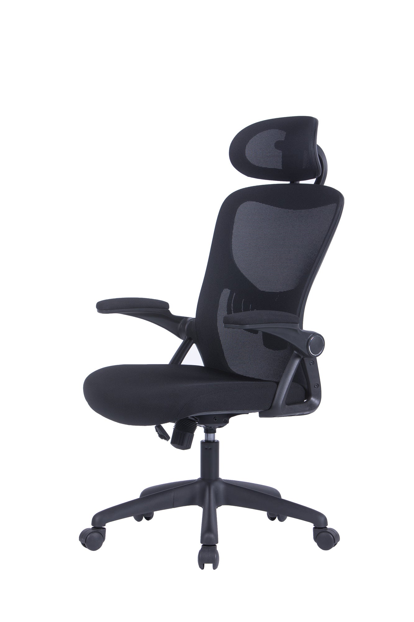 Bürostuhl FLEX / optional mit Kopfstütze / Kunststoff schwarz, Netzstoff schwarz / Wippmechanik / Armlehne klappbar / Lordoseneinstellung / B 62, H 95-103, T 58,5 cm oder B 62, H 111-119, T 66 cm