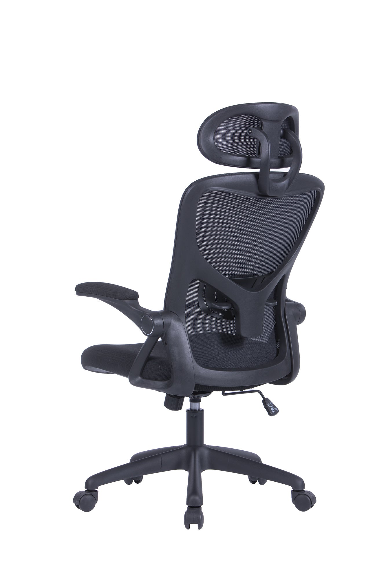 Bürostuhl FLEX / optional mit Kopfstütze / Kunststoff schwarz, Netzstoff schwarz / Wippmechanik / Armlehne klappbar / Lordoseneinstellung / B 62, H 95-103, T 58,5 cm oder B 62, H 111-119, T 66 cm