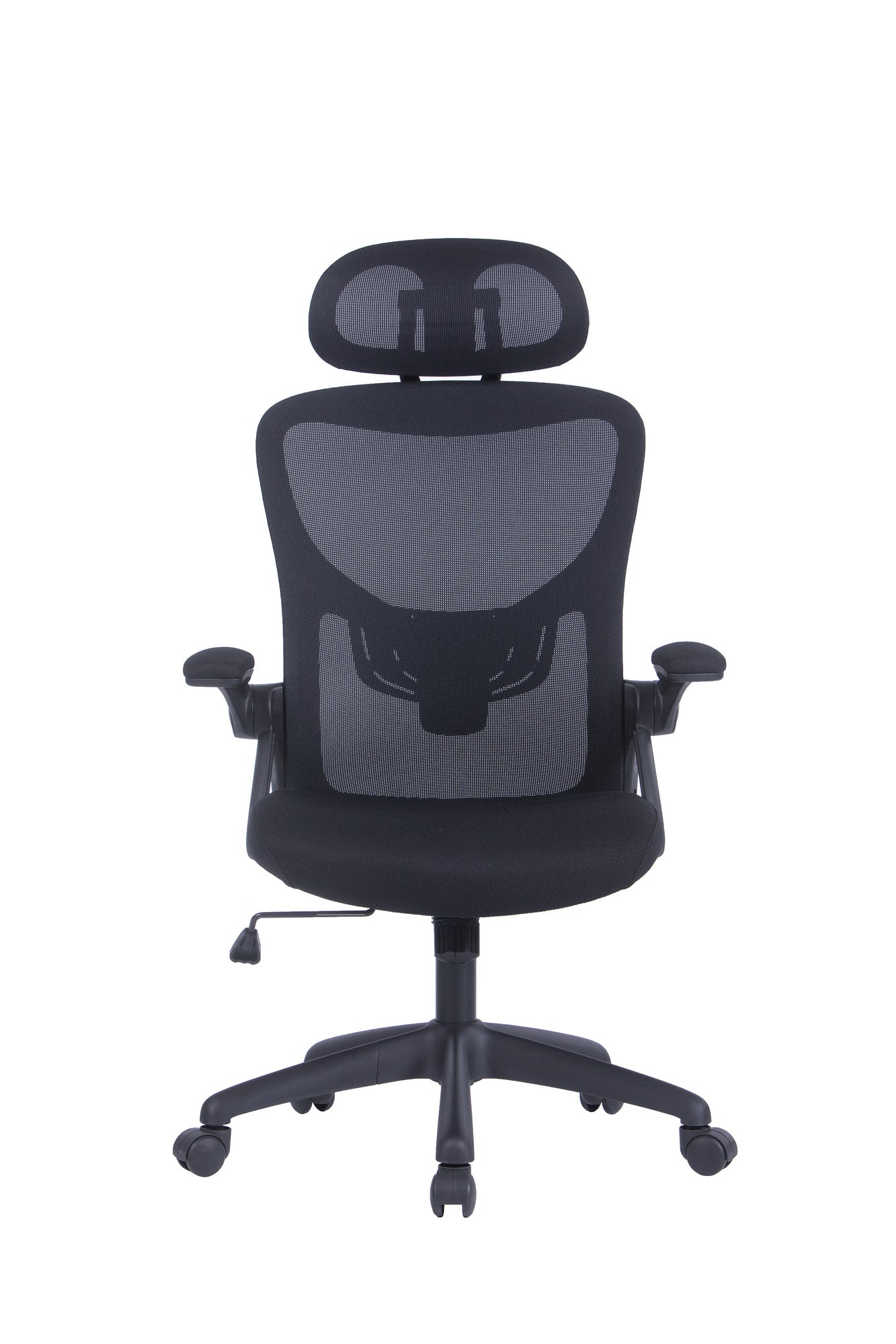 Bürostuhl FLEX / optional mit Kopfstütze / Kunststoff schwarz, Netzstoff schwarz / Wippmechanik / Armlehne klappbar / Lordoseneinstellung / B 62, H 95-103, T 58,5 cm oder B 62, H 111-119, T 66 cm