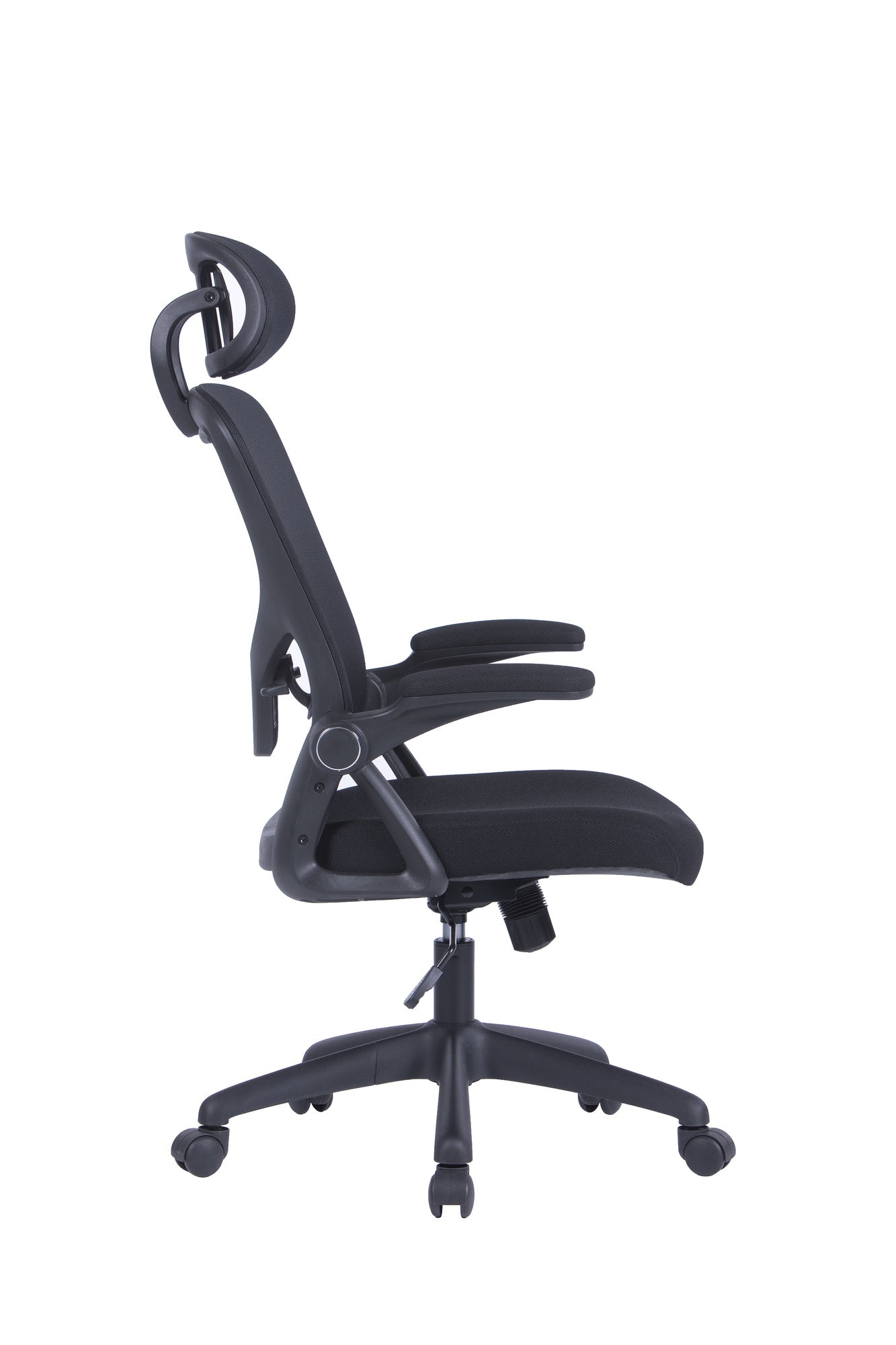 Bürostuhl FLEX / optional mit Kopfstütze / Kunststoff schwarz, Netzstoff schwarz / Wippmechanik / Armlehne klappbar / Lordoseneinstellung / B 62, H 95-103, T 58,5 cm oder B 62, H 111-119, T 66 cm