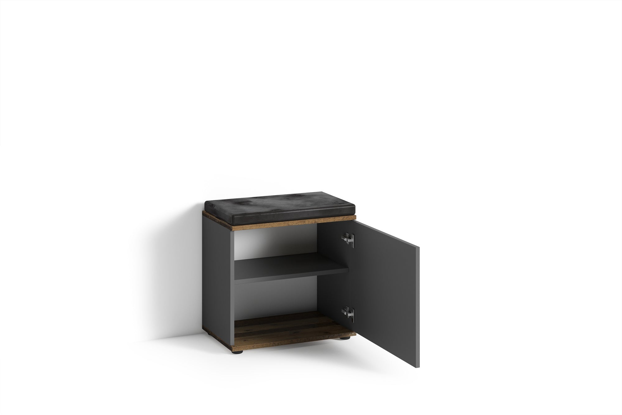 Sitzbank JAKOB / Hocker in Artisan Eiche (Eiche-Optik), schwarz oder Old Wood (Altholz-Optik) mit schwarzem Kunstleder Sitzkissen / Schuhschrank mit Tür / zwei Fächer / Garderoben-Kommode / Schuh-Bank / B 48,5 H 49, T 30 cm