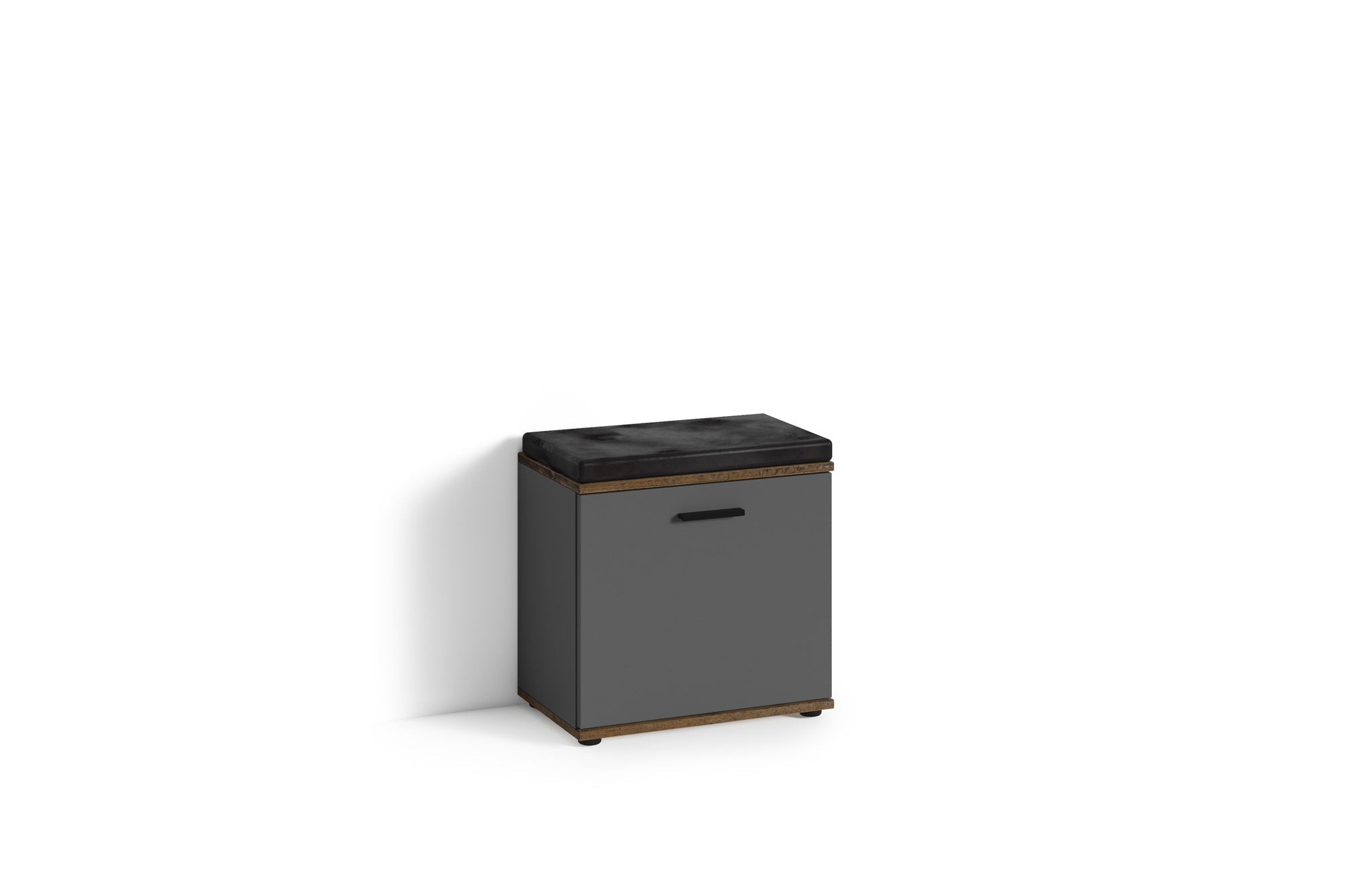 Sitzbank JAKOB / Hocker in Artisan Eiche (Eiche-Optik), schwarz oder Old Wood (Altholz-Optik) mit schwarzem Kunstleder Sitzkissen / Schuhschrank mit Tür / zwei Fächer / Garderoben-Kommode / Schuh-Bank / B 48,5 H 49, T 30 cm