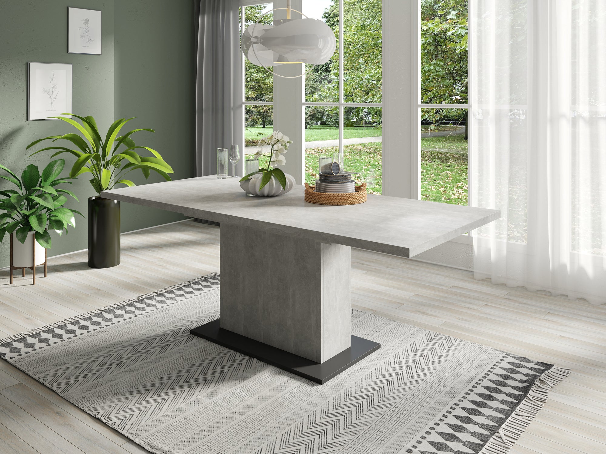 Esszimmertisch ATHEN / Light Atelier (Beton-Optik) oder Old Wood (Altholz-Optik) / großer Auszugstisch 160 cm bis 200 cm / Säulentisch mit Ausziehfunktion / Tisch mit Synchronauszug und Einlegeplatte / 160-200 x 90, H 75 cm