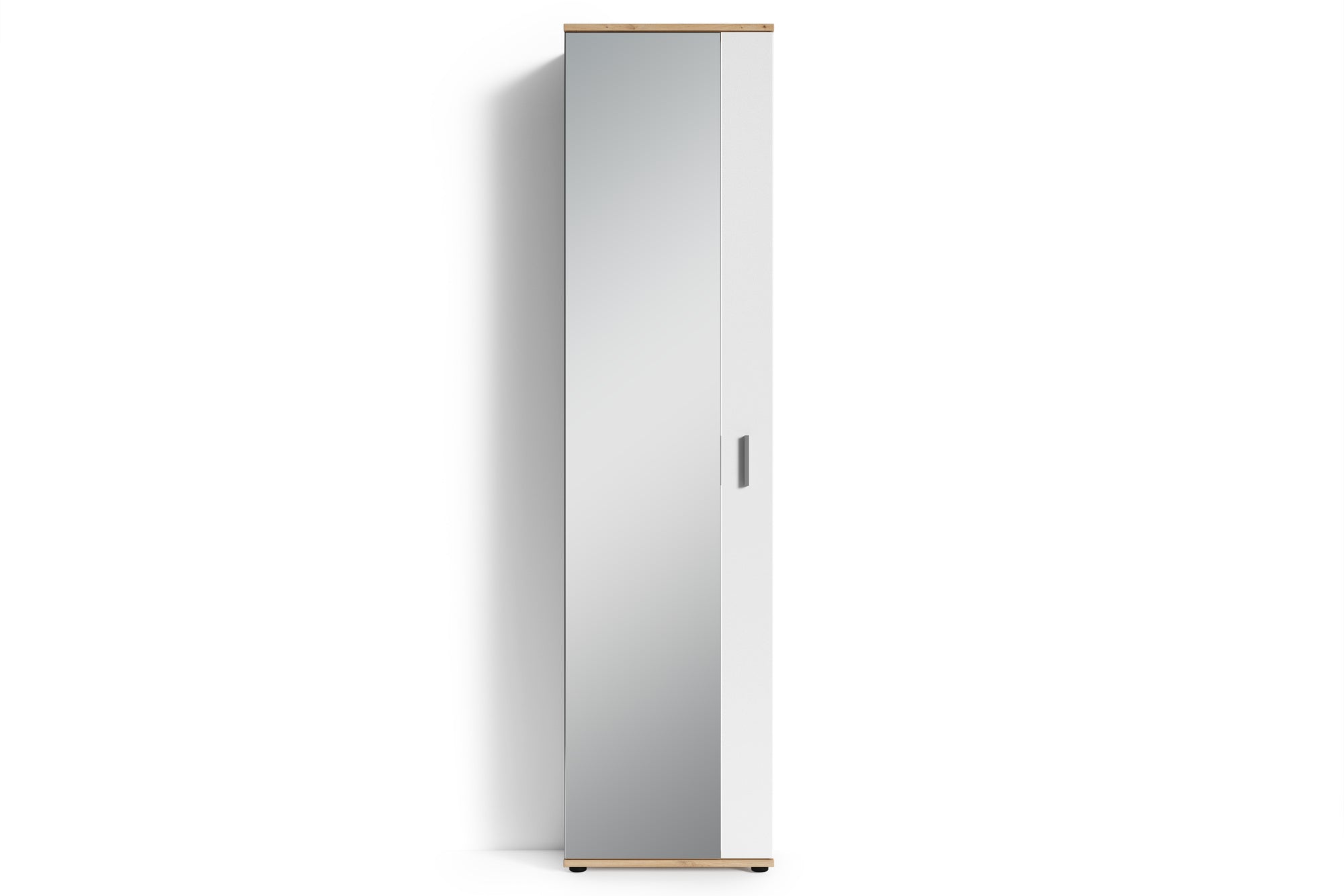 Spiegel-Schrank JAKOB / Eintüriger Hochschrank mit Spiegeltür / Artisan Eiche (Eiche-Optik), weiß oder Old Wood (Altholz-Optik) / Griffe silber oder schwarz / Tür variabel rechts oder links / 5 Fächer / Garderoben-Schrank / B 49, H 196, T 30 cm