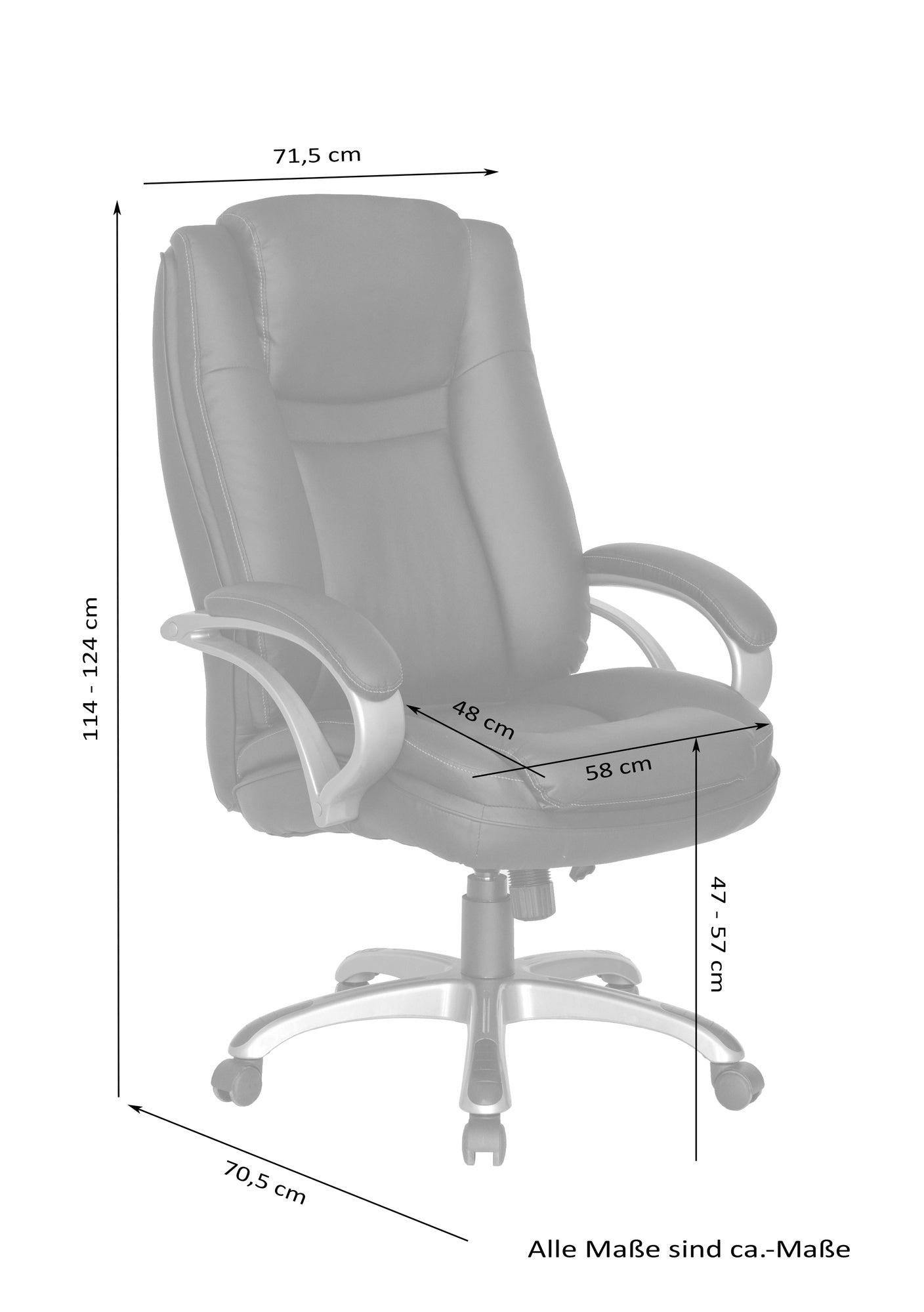 Chefsessel BRUNO-XXL/ bis 150 kg belastbar /Kunststoff anthrazit/ Wippmechanik mit Härtegradeinstellung/ Höhenverstellung/
Gebremste Sicherheitsrollen/ B 71,5 H 114-124 T 70,5 cm