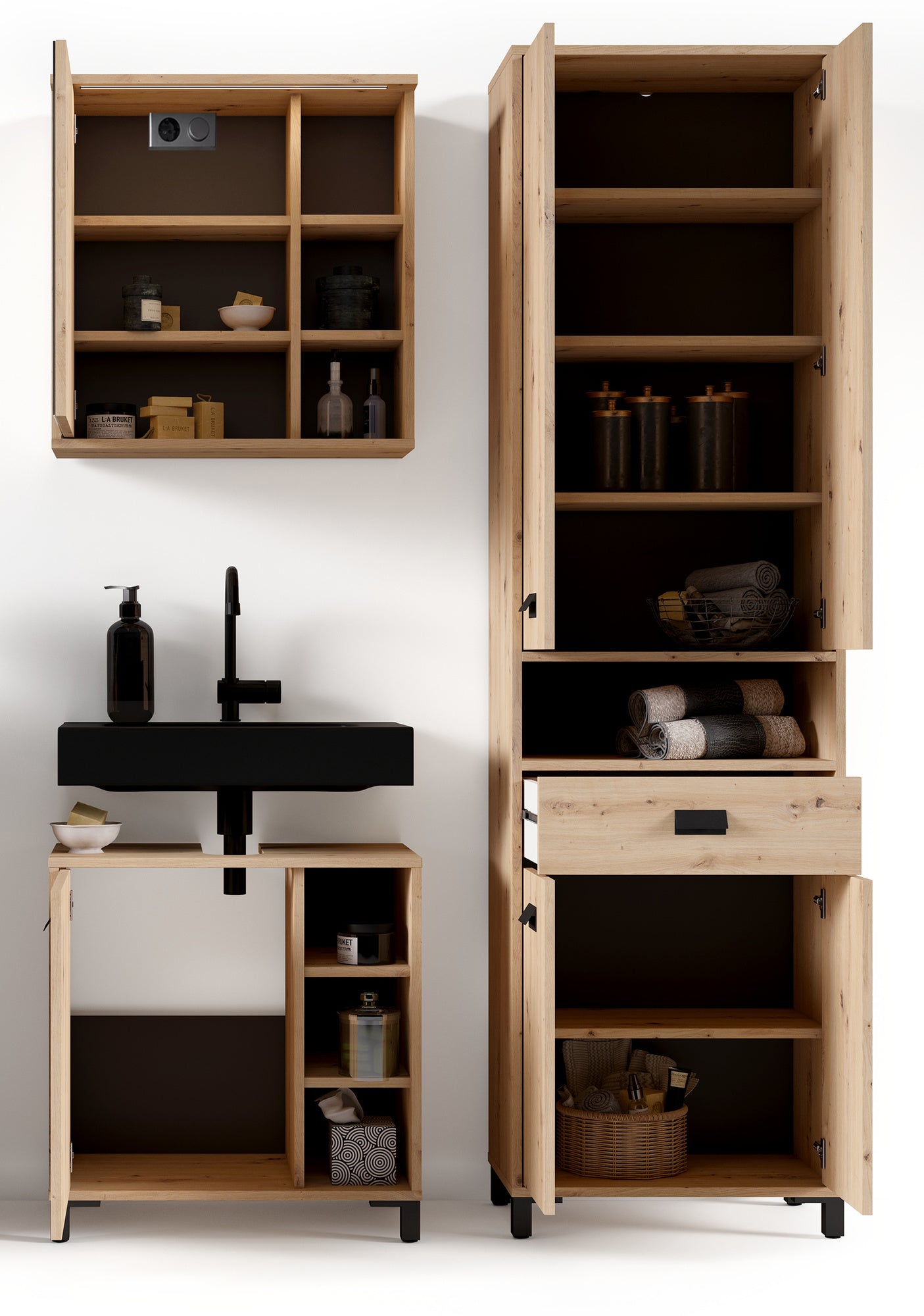Waschbeckenunterschrank WELLNESS / Waschtisch Unterschrank stehend, in Artisan Eiche, Griff aus Metall in schwarz / 1-türig und drei offene Fächer / B 60, H 62, T 34 cm