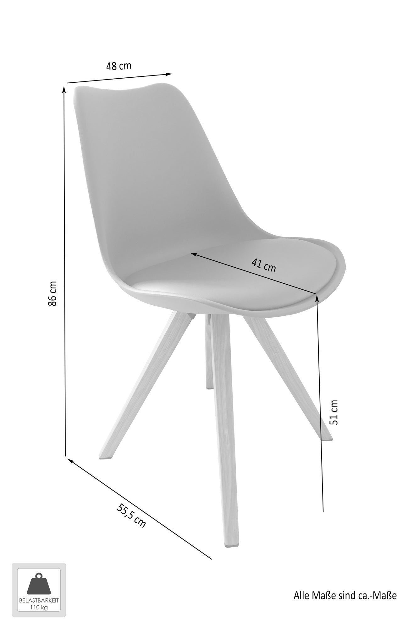 Esszimmerstuhl 2er Set Kira / Kunstoff, Kunstleder in schwarz oder weiß / Gestell Metall in Eiche-Optik foliert oder schwarz / Esszimmerstuhl / Wohnzimmerstuhl / bis 110 kg / B 48, H 86, T 55,5 cm