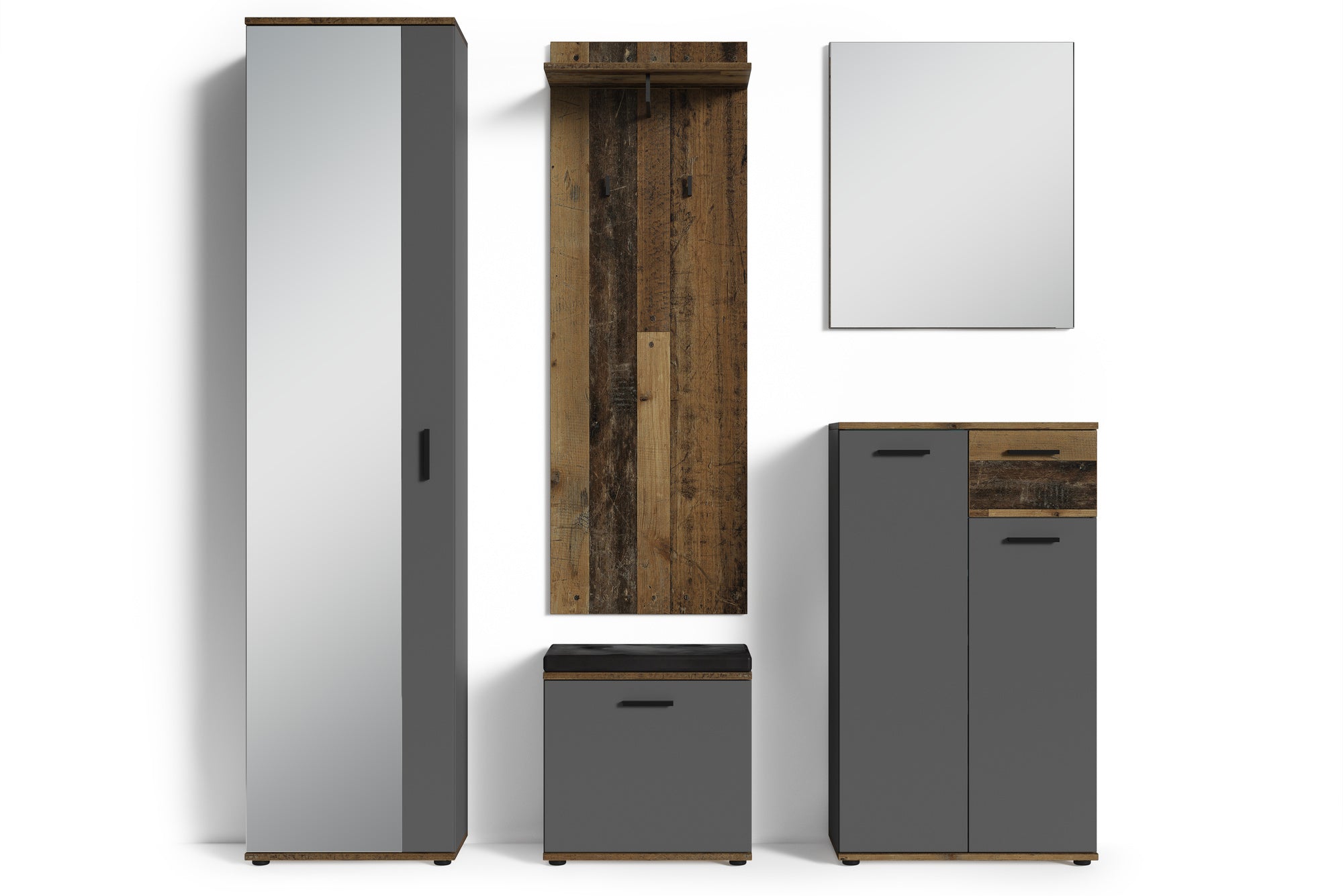 Sitzbank JAKOB / Hocker in Artisan Eiche (Eiche-Optik), schwarz oder Old Wood (Altholz-Optik) mit schwarzem Kunstleder Sitzkissen / Schuhschrank mit Tür / zwei Fächer / Garderoben-Kommode / Schuh-Bank / B 48,5 H 49, T 30 cm