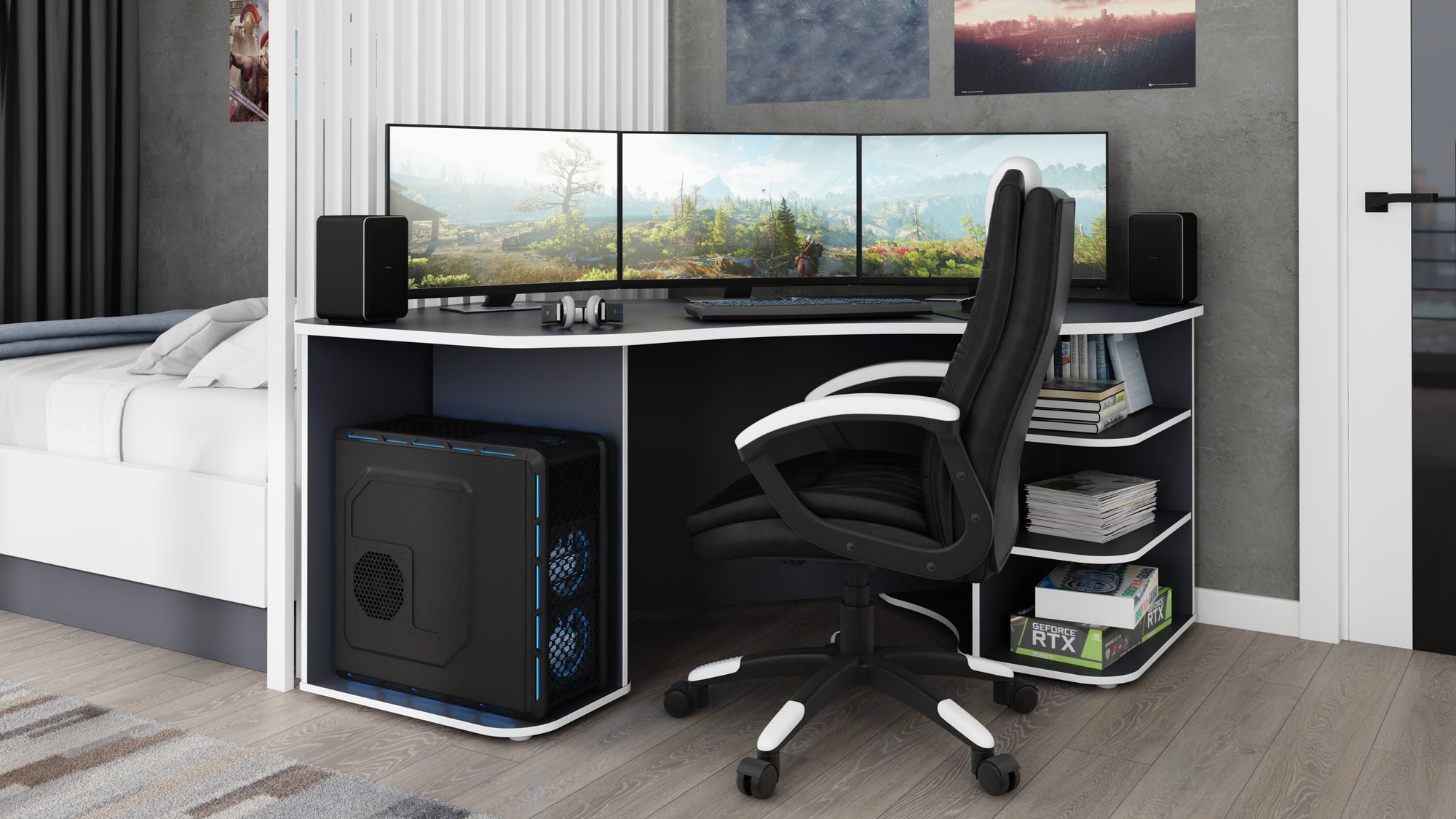 Schreibtisch THANATOS / Gaming-Tisch in anthrazit mit Kanten in rot, weiß oder anthrazit / Eck-Schreibtisch mit viel Stauraum und XXL Tischplatte / Computer-Tisch / PC / Arbeits-Tisch / 198x76x85cm (BxHxT)