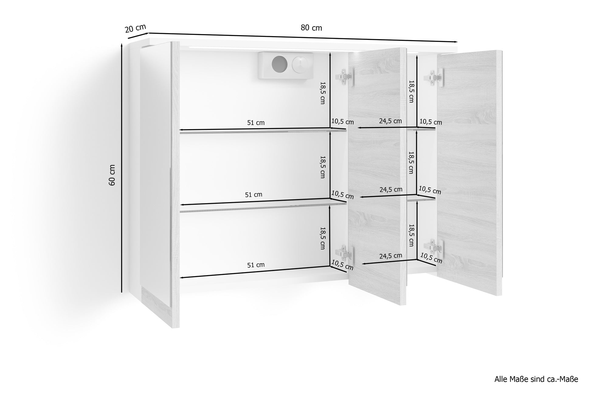 Badezimmer Spiegelschrank Marino mit LED-Beleuchtung und Steckdose / Moderner, 3-türiger Spiegel Hängeschrank in schnee-weiß matt und Absetzung Sonoma Eiche / Wandschrank mit Spiegeltüren / B 80, H 60, T 20 cm