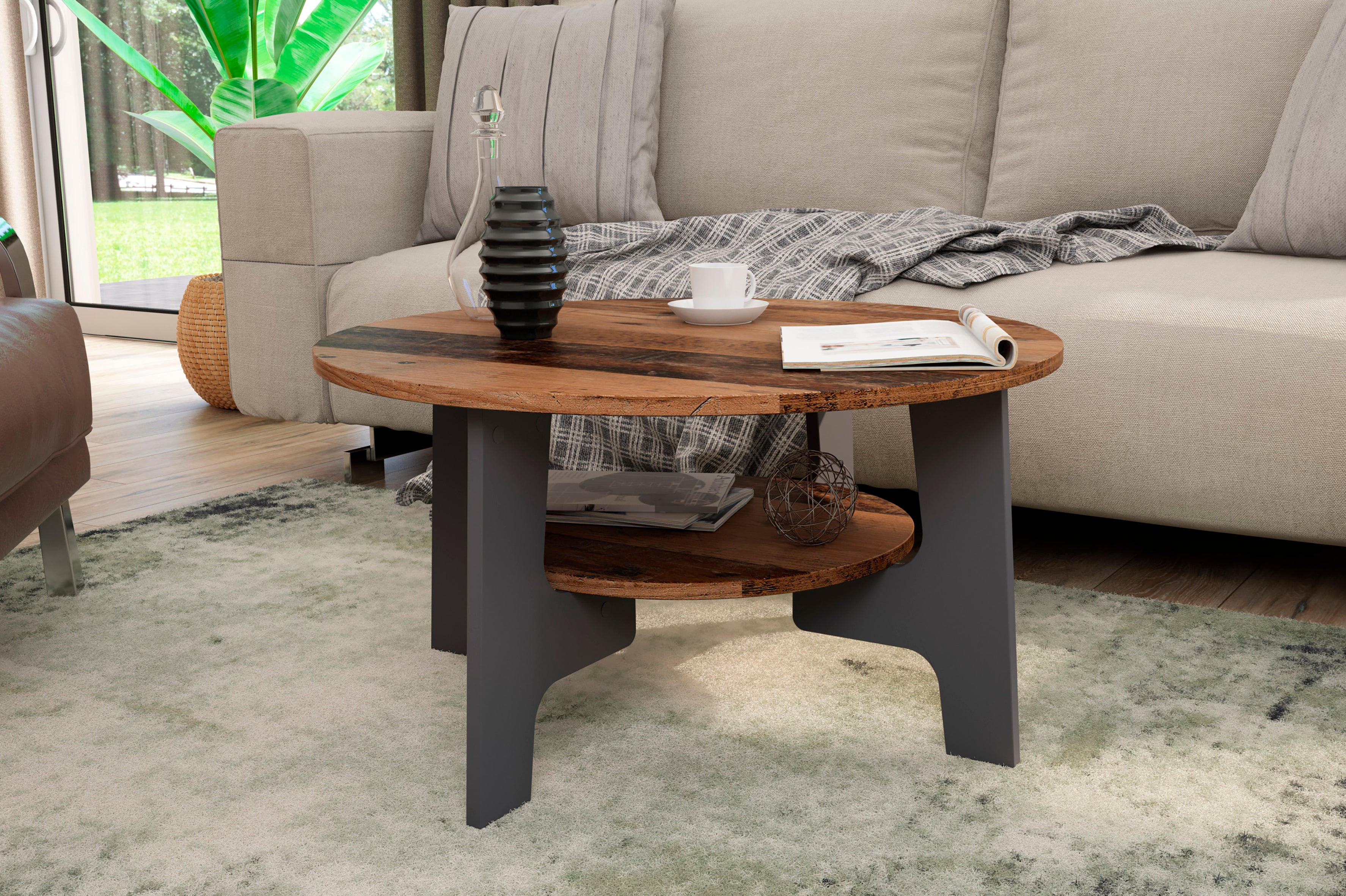 Couchtisch JONNY / Melamin anthrazit, weiß, Artisan Eiche (Eiche-Optik) oder Old Wood (Altholz-Optik) / D 80, H 42,5 cm / mit praktischem Ablageboden