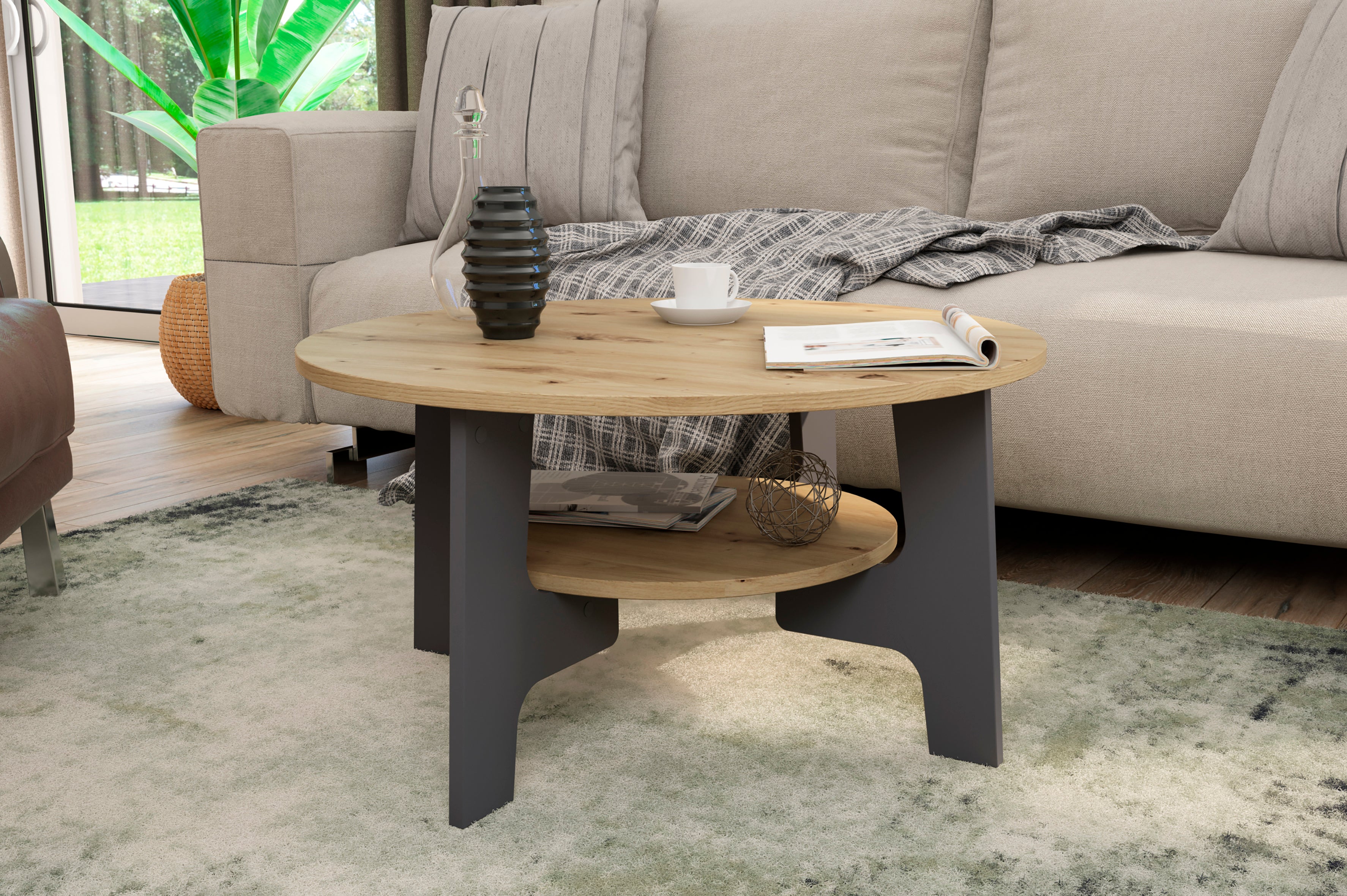 Couchtisch JONNY / Melamin anthrazit, weiß, Artisan Eiche (Eiche-Optik) oder Old Wood (Altholz-Optik) / D 80, H 42,5 cm / mit praktischem Ablageboden