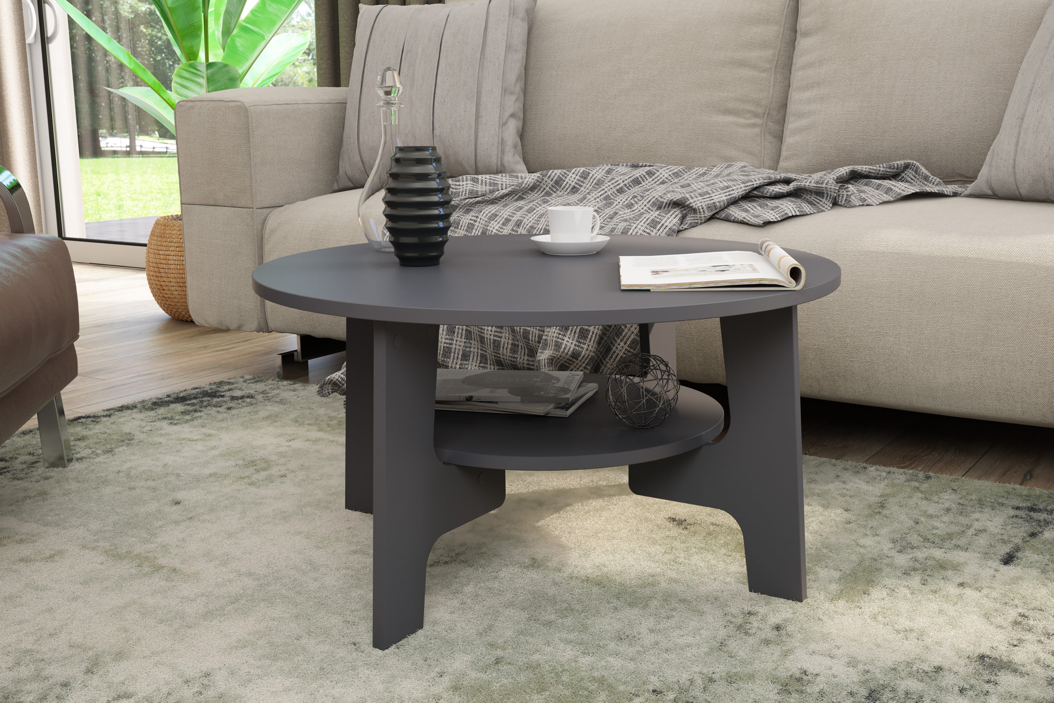 Couchtisch JONNY / Melamin anthrazit, weiß, Artisan Eiche (Eiche-Optik) oder Old Wood (Altholz-Optik) / D 80, H 42,5 cm / mit praktischem Ablageboden