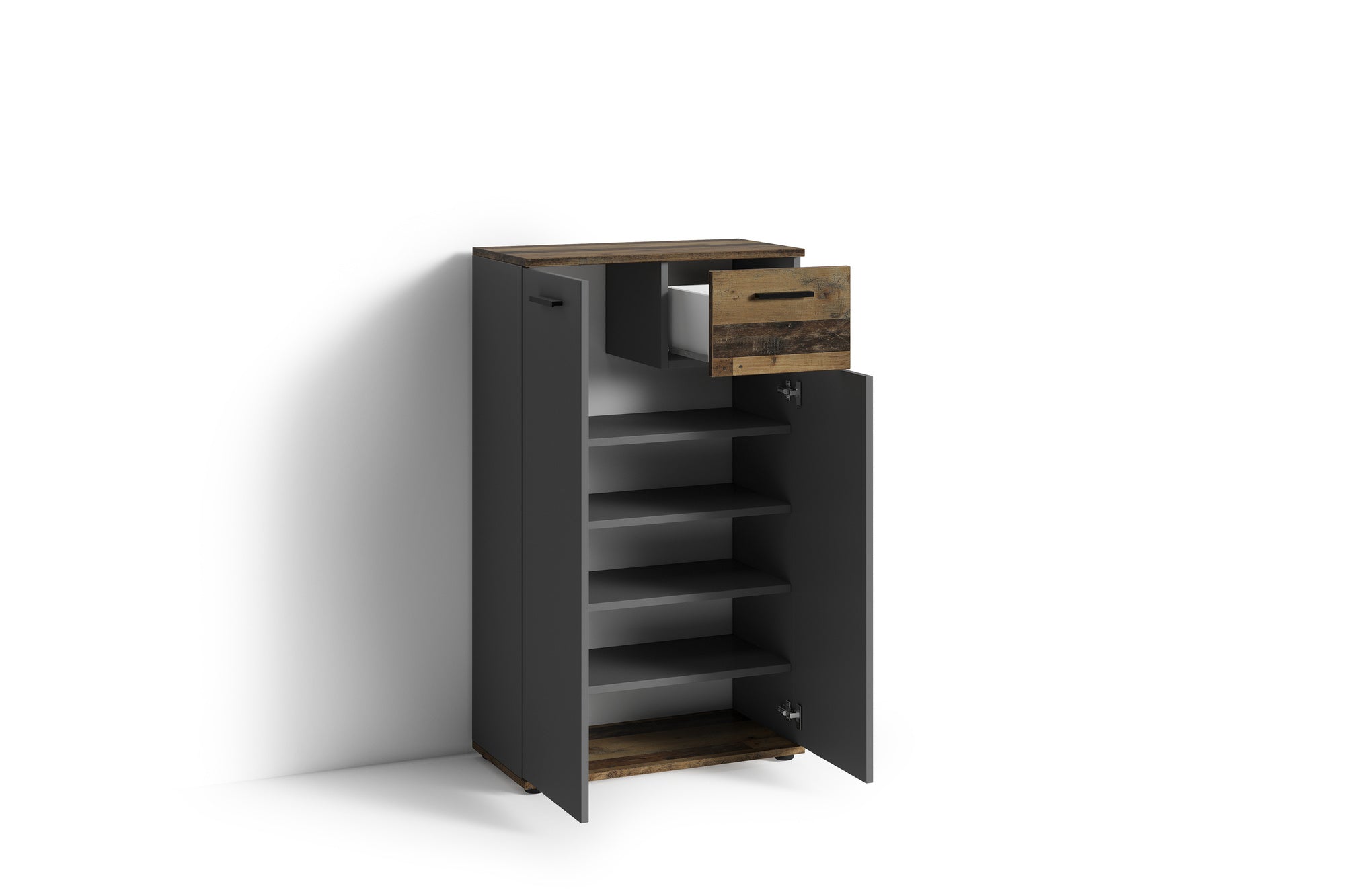 Schuh-Kommode JAKOB / In moderner Old Wood (Altholz-Optik), Artisan Eiche (Eiche-Optik) oder weiß / 2 Türen und 1 Schublade / Garderoben-Set / Für ca. 15 Paar Schuhe / Schuhschrank / Side-Board / B 60, H 102, T 30 cm