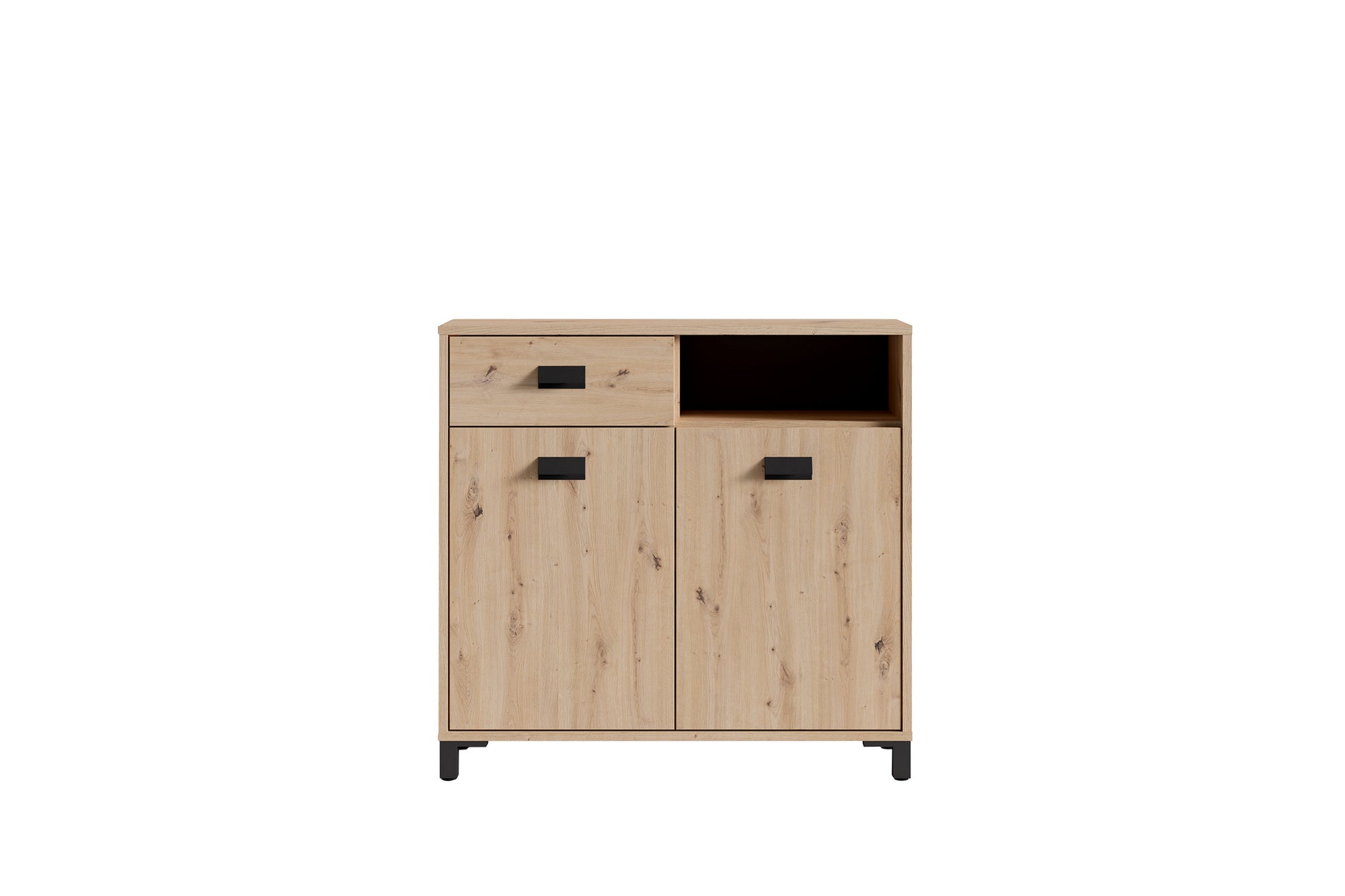 Badezimmer Kommode WELLNESS in Artisan Eiche, Griffe aus Metall in schwarz / Badschrank mit einer Schublade und zwei Türen / B 80,5, H 77,5, T 31 cm