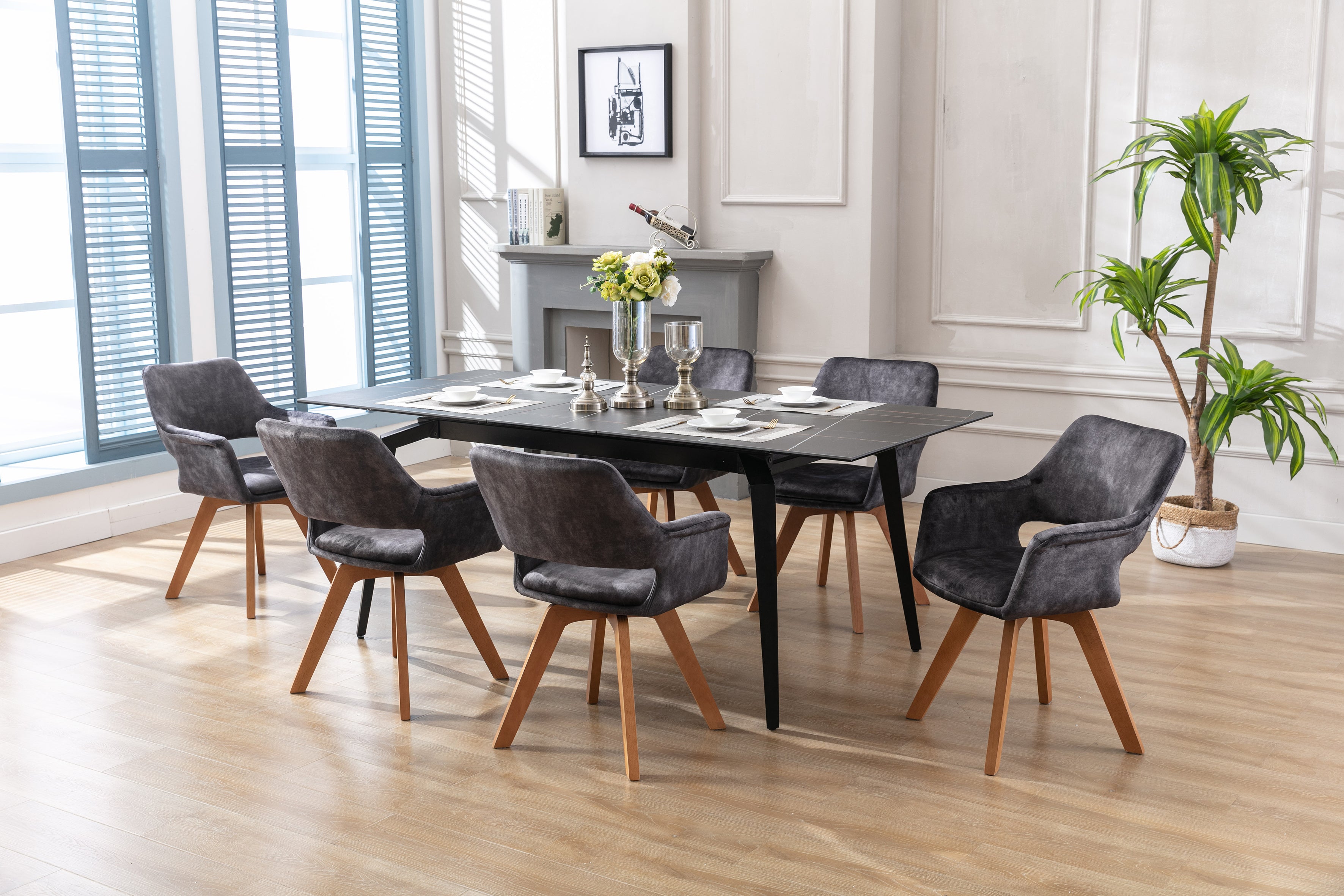 Esszimmerstuhl 2er Set KLARA / Vintage-Samt anthrazit / Gestell Massivholz / Sitzschale 360° drehbar / Esszimmerstuhl / Küchenstuhl / B 52, H 89, T 63,5 cm