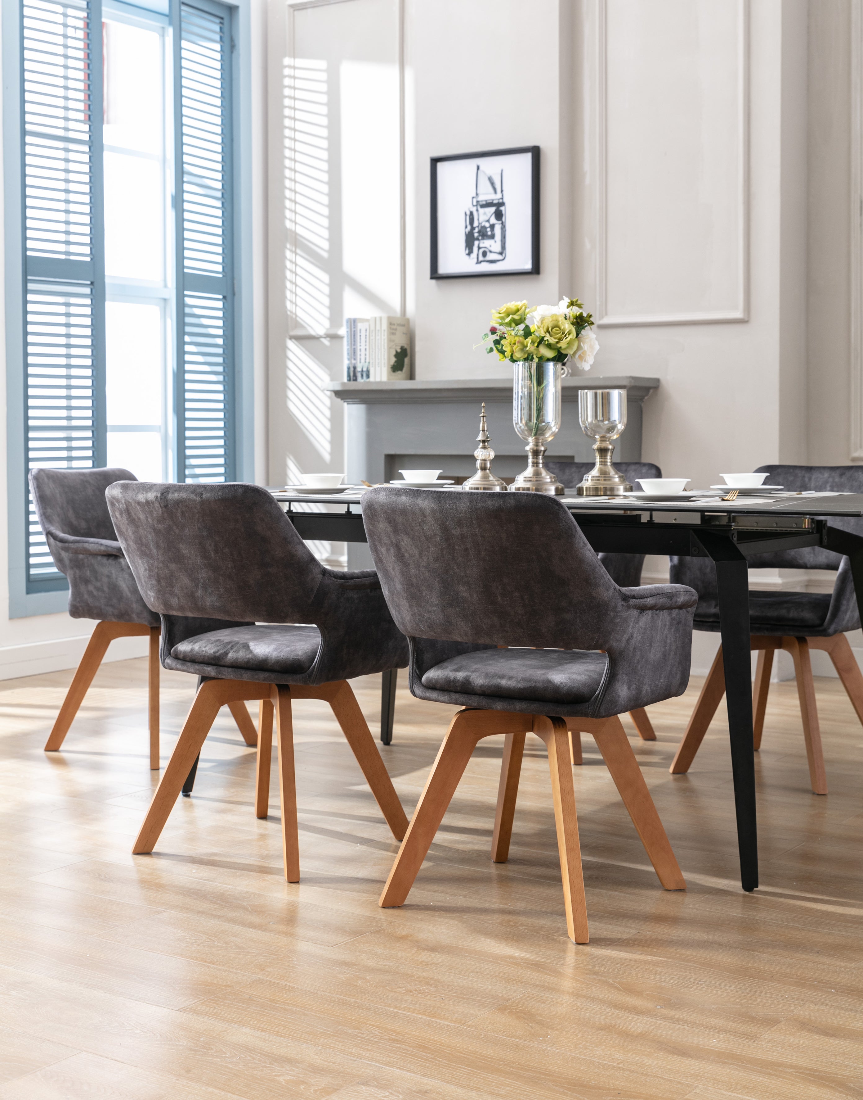 Esszimmerstuhl 2er Set KLARA / Vintage-Samt anthrazit / Gestell Massivholz / Sitzschale 360° drehbar / Esszimmerstuhl / Küchenstuhl / B 52, H 89, T 63,5 cm
