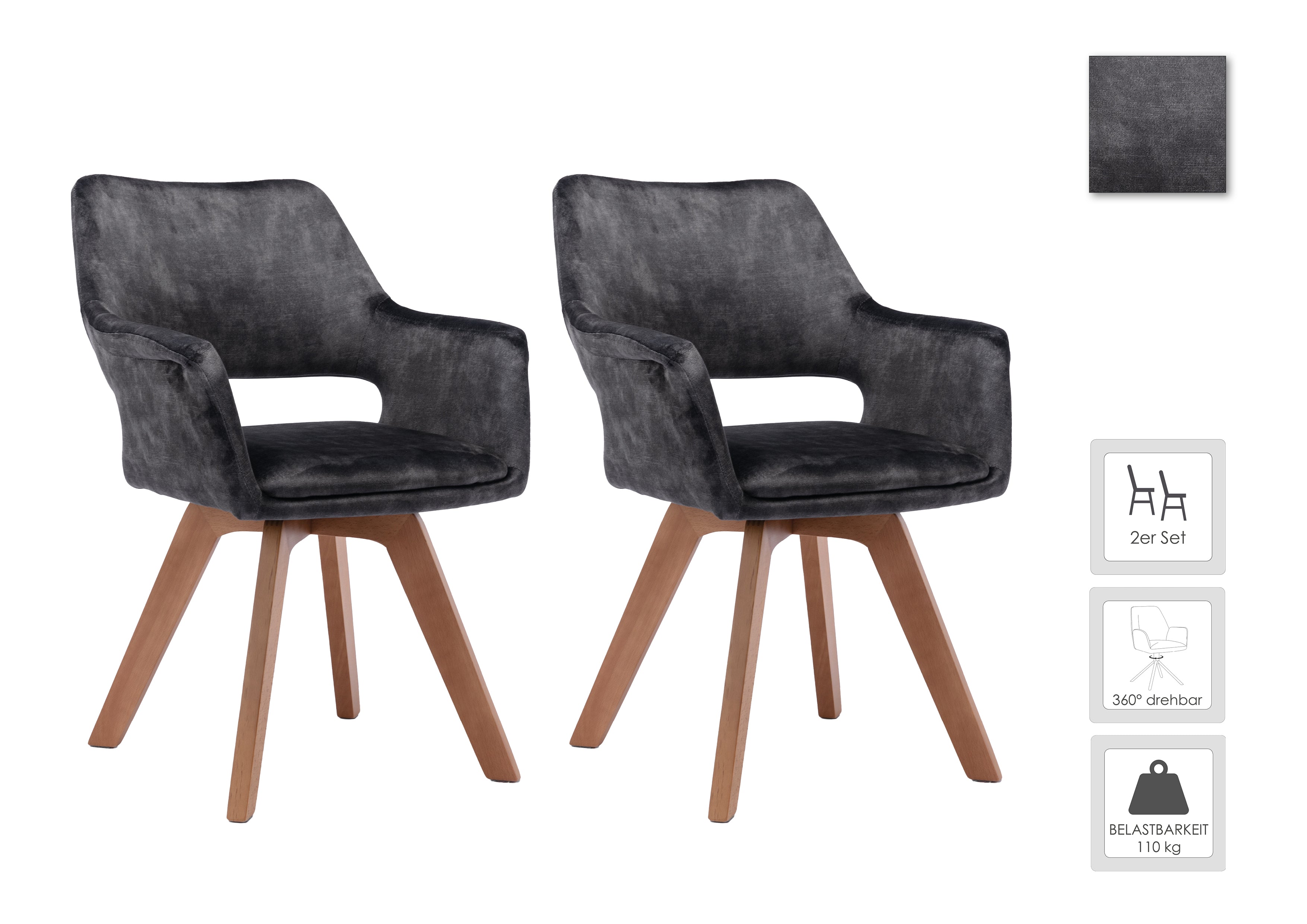 Esszimmerstuhl 2er Set KLARA / Vintage-Samt anthrazit / Gestell Massivholz / Sitzschale 360° drehbar / Esszimmerstuhl / Küchenstuhl / B 52, H 89, T 63,5 cm