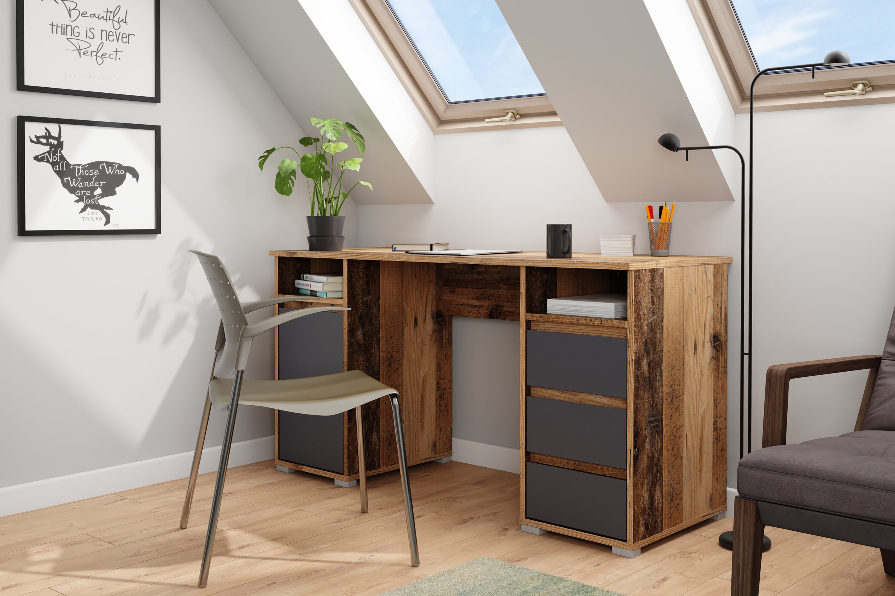 Schreibtisch LOBO / Arbeits-Tisch in weiß, Artisan Eiche (Eiche-Optik) oder Old Wood (Altholz-Optik) / Computer-Tisch mit 3 Schubladen, 1 Tür und 2 offenen Fächern / Große Arbeits-Fläche 138 x 55cm / Bürotisch / 138x75x55 cm (BxHxT)