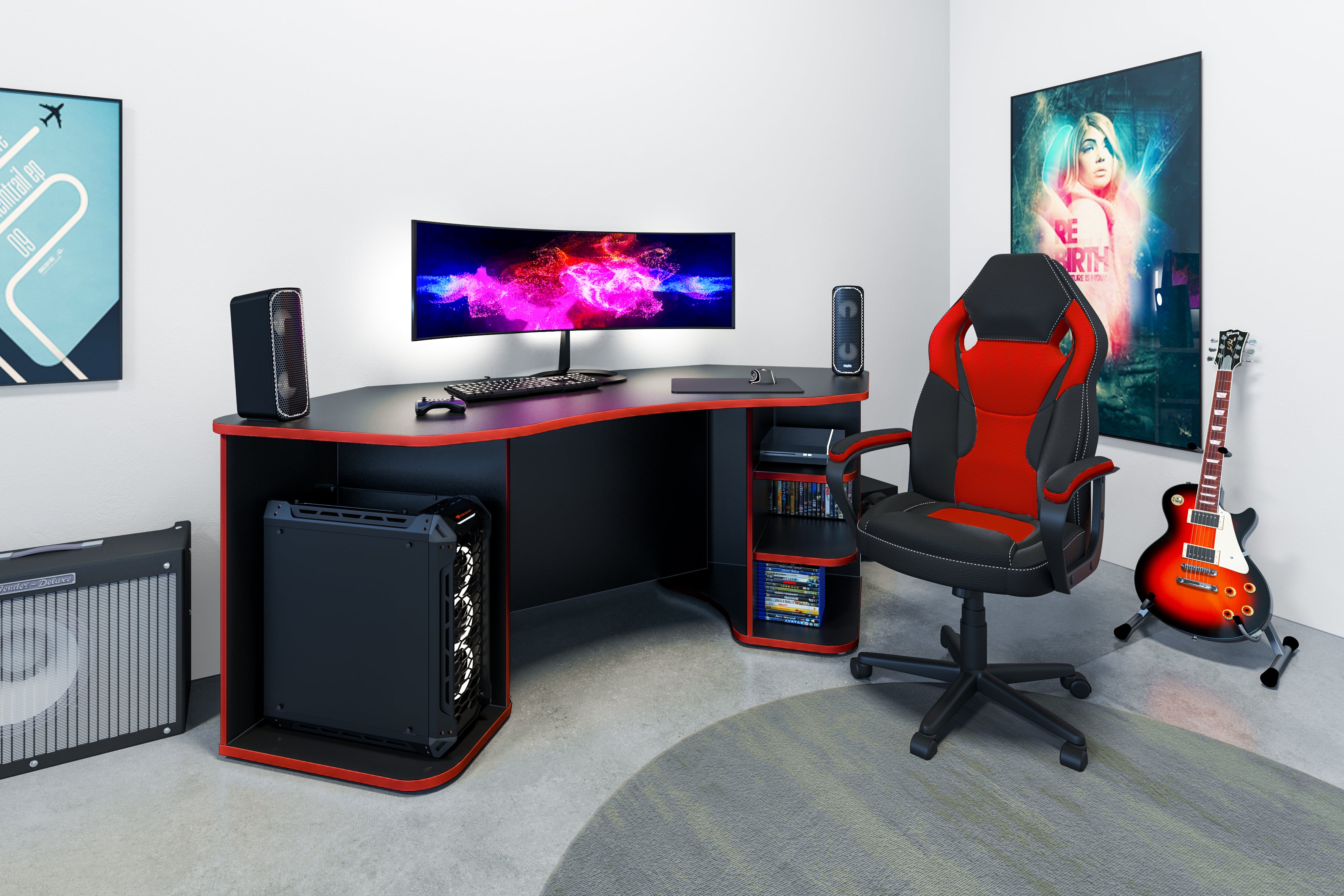 Schreibtisch THANATOS / Gaming-Tisch in anthrazit mit Kanten in rot, weiß oder anthrazit / Eck-Schreibtisch mit viel Stauraum und XXL Tischplatte / Computer-Tisch / PC / Arbeits-Tisch / 198x76x85cm (BxHxT)
