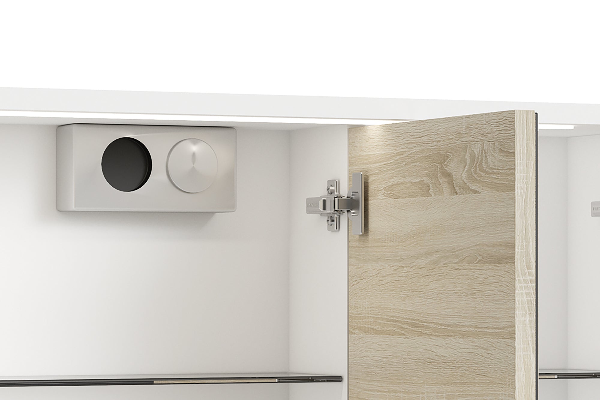 Badezimmer Spiegelschrank Marino mit LED-Beleuchtung und Steckdose / Moderner, 3-türiger Spiegel Hängeschrank in schnee-weiß matt und Absetzung Sonoma Eiche / Wandschrank mit Spiegeltüren / B 80, H 60, T 20 cm